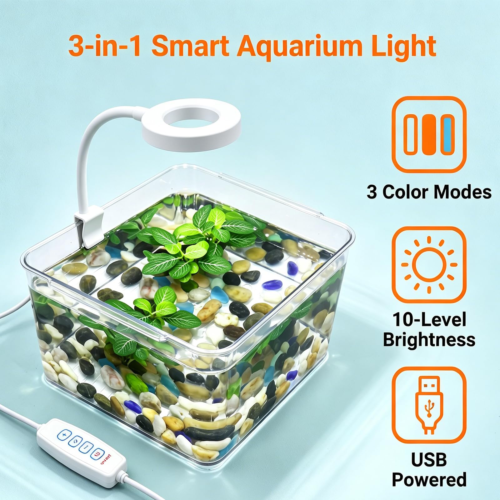 Petite lampe d'aquarium à clipser LED USB Spectre complet avec variateur d'intensité Multicolore Blanc + Bleu + Rouge pour réservoir Betta de 1 à 5 gallons (adaptateur non inclus, minuterie non