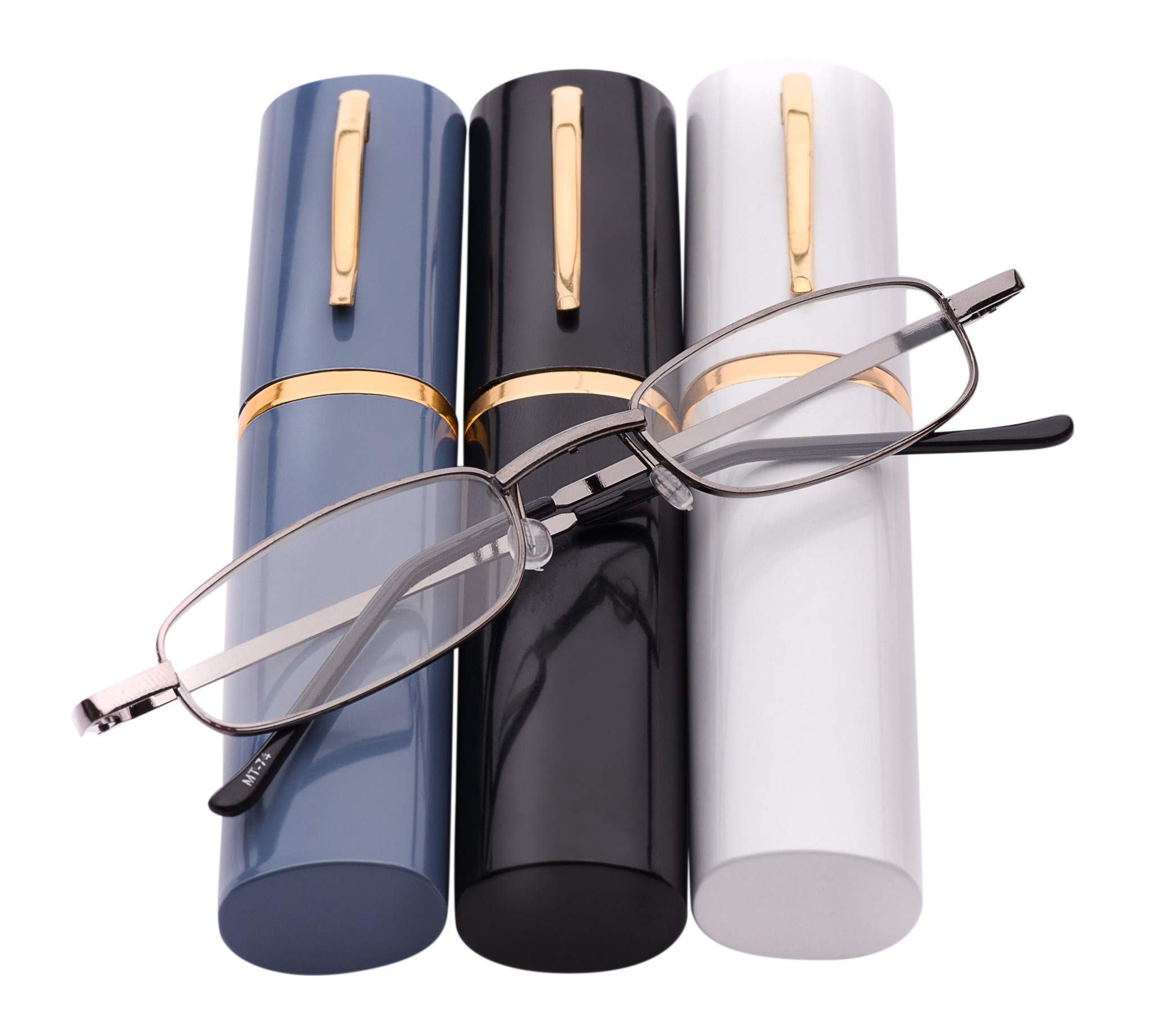 Fads & Fashions Silver Mt74 Pen Holder Grey Frame Compact Reading Glasses With Case With12 Lens Strength Variations Up To +3.75 (, 3.0)
