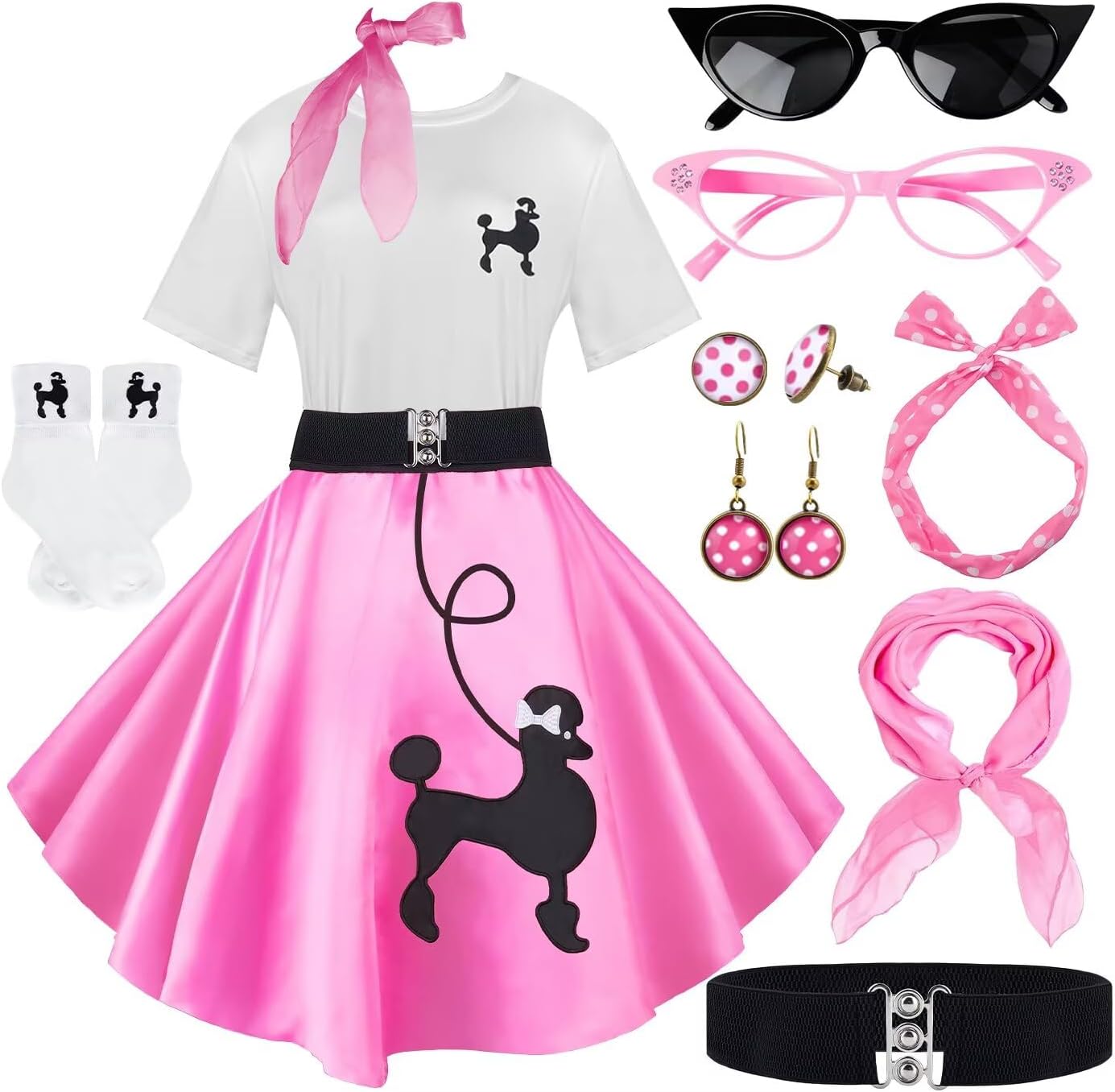 10Pcs Sock Hop Outfits Women, 1950s Poodle Skirts, Poodle T-Shirt with 50s Accessories Socks Scarf Headband Belt Earring