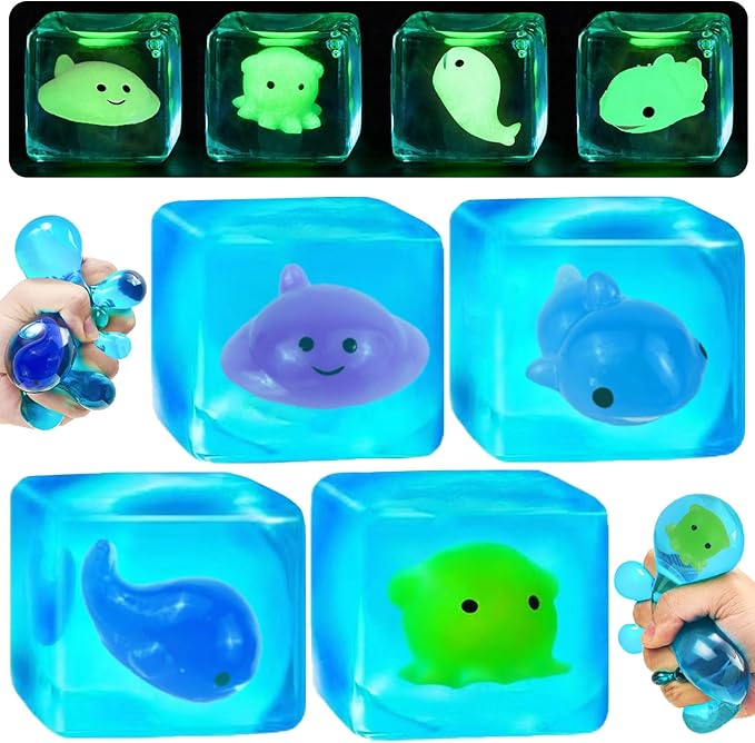 4 Pack Blue Squeeze Cube with Luminous Sea Animals Inside，Squishy Stress Fidget Gummy Toys ，Glow in The Dark Animal Maltose Sensory Toys for Kids Autism , Stress Balls for Anxiety Stress Relief