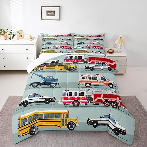 Miniatura 3 de Erosebridal Juego de edredón para niños, camión de bomberos, camión de bomberos, tamaño matrimonial, edredón acolchado de vehículo de policía, Color