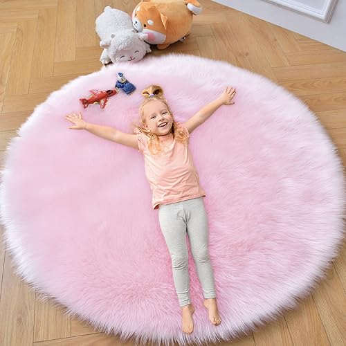 Miniatura 5 de duduta Alfombra redonda de piel de oveja sintética de 4 x 4 pies, esponjosa y esponjosa para decoración de habitación de niñas, guardería,