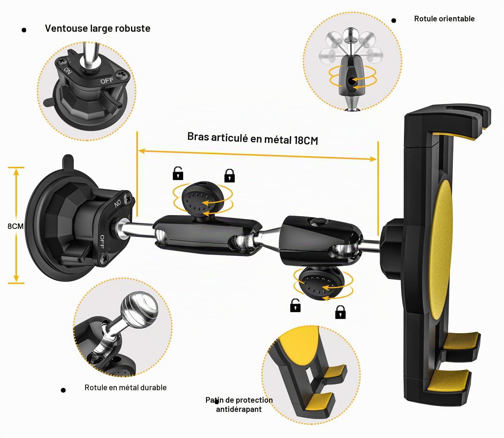 Support Tablette Voiture Ventouse Forte [Bras Réglable & Robuste] | Support Tablette Tableau de Bord Pare-Brise Camion pour iPad, Galaxy Tab, Lenovo, Téléphones et Tablets de 4-13"
