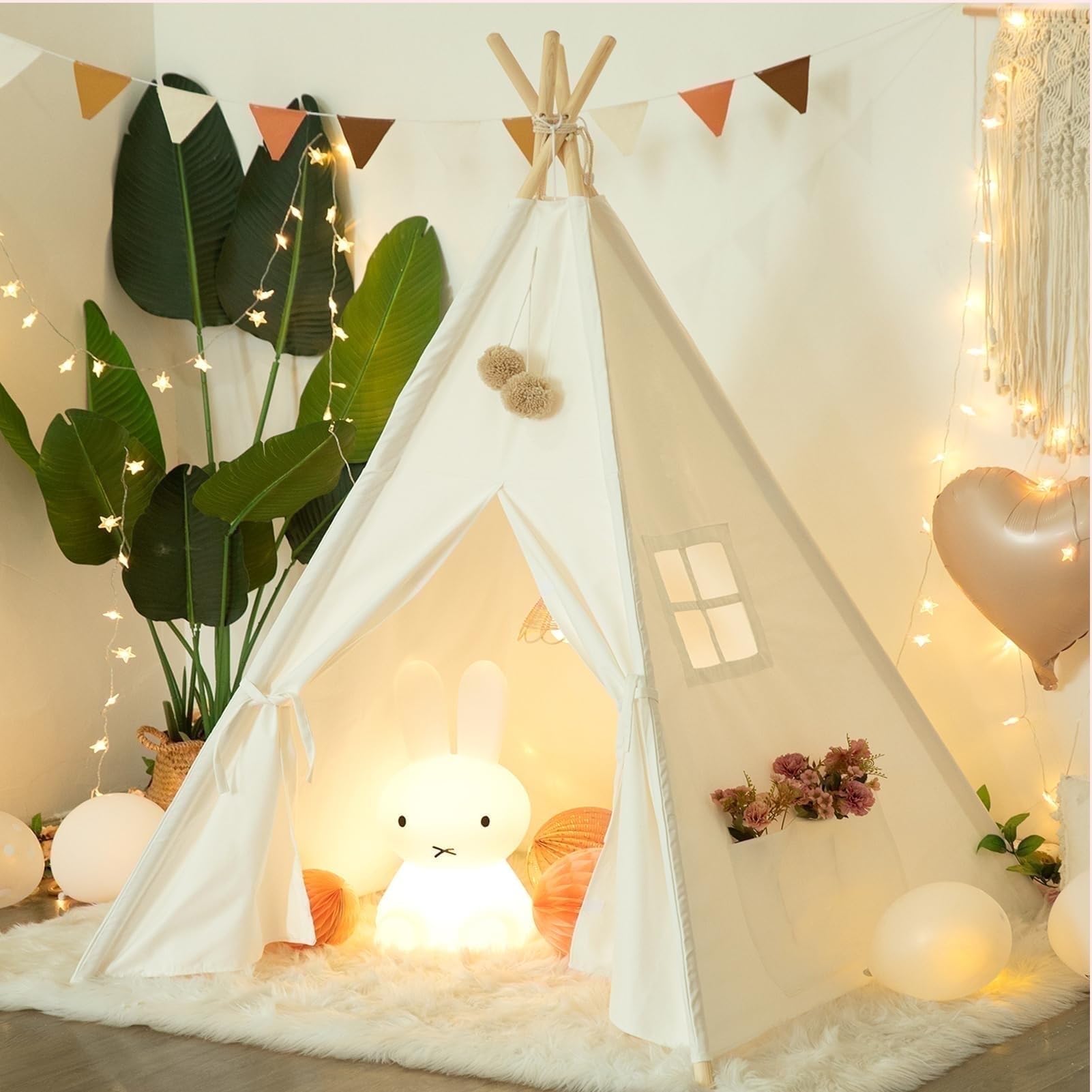 Kids Teepee Tent - Natural Cotton Canvas Indoor/Outdoor Play Tent for Toddlers & Children | Washable, Foldable Design | Perfect for Girls & Boys Bedrooms, Camping, Birthday Gifts(Off-White)
