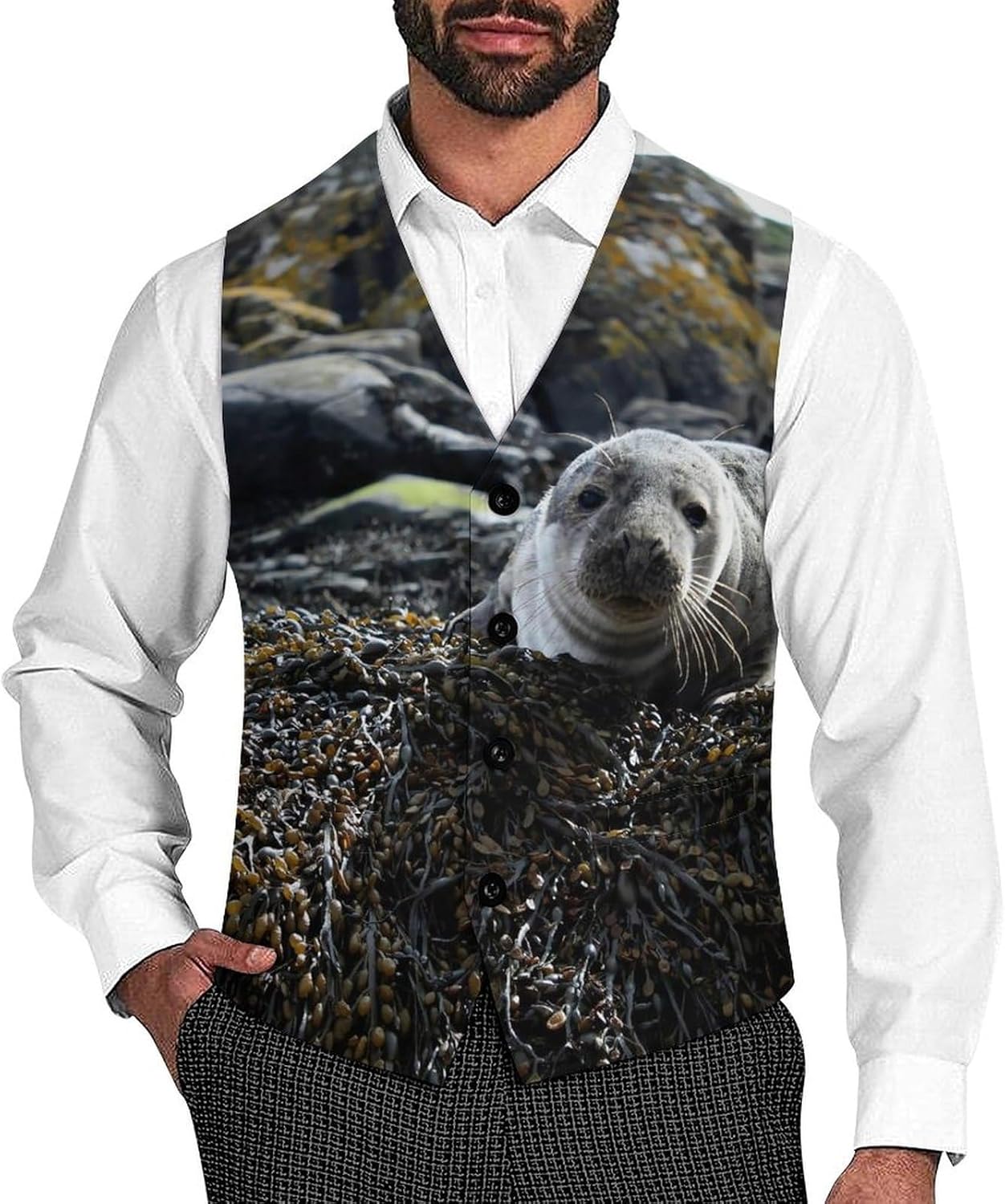 Sea Lion on The Rocks Casual Suit Vest for Men Formal Business Dress Regular Fit Waistcoat Tuxedo