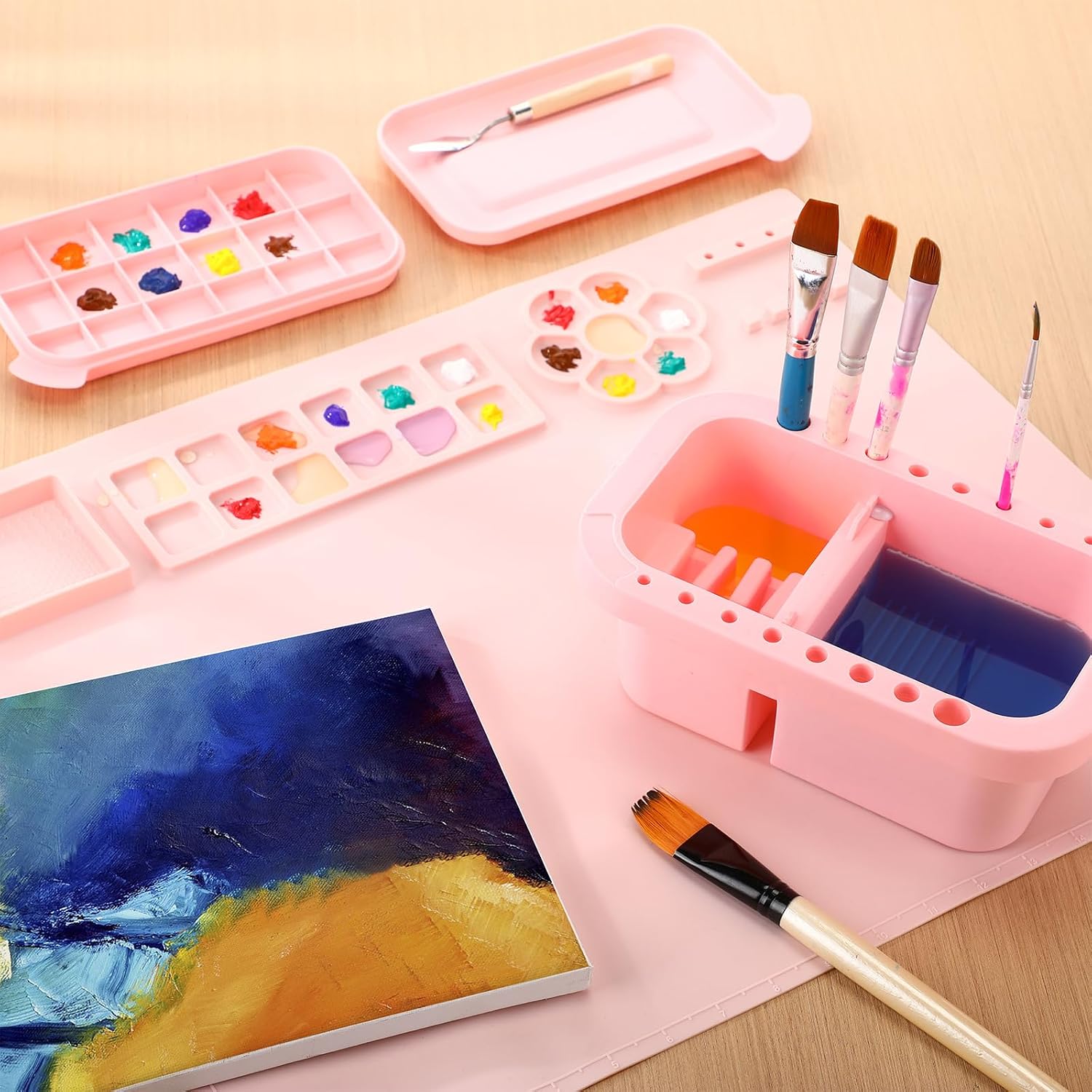 Fuyoooo 2 Pcs Painting Supplies Set with Silicone Painting Mat & Paint Brush Cleaner Bucket for Crafts Paint Brush Holder Organizer with Palette Party Art Supplies for Kids, Adults & Beginners
