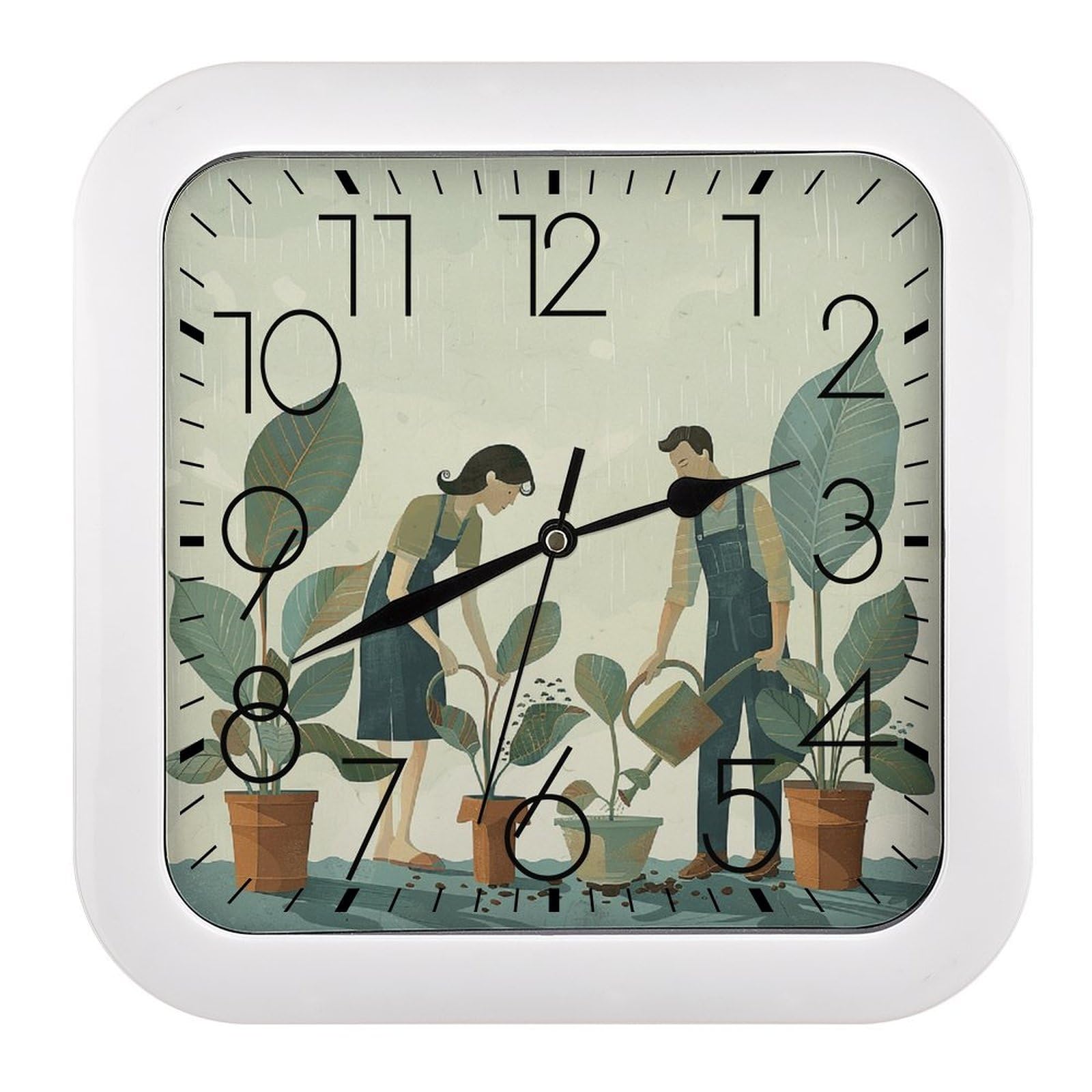 Horloge murale silencieuse carrée motif plantes vertes pour salon et bureau