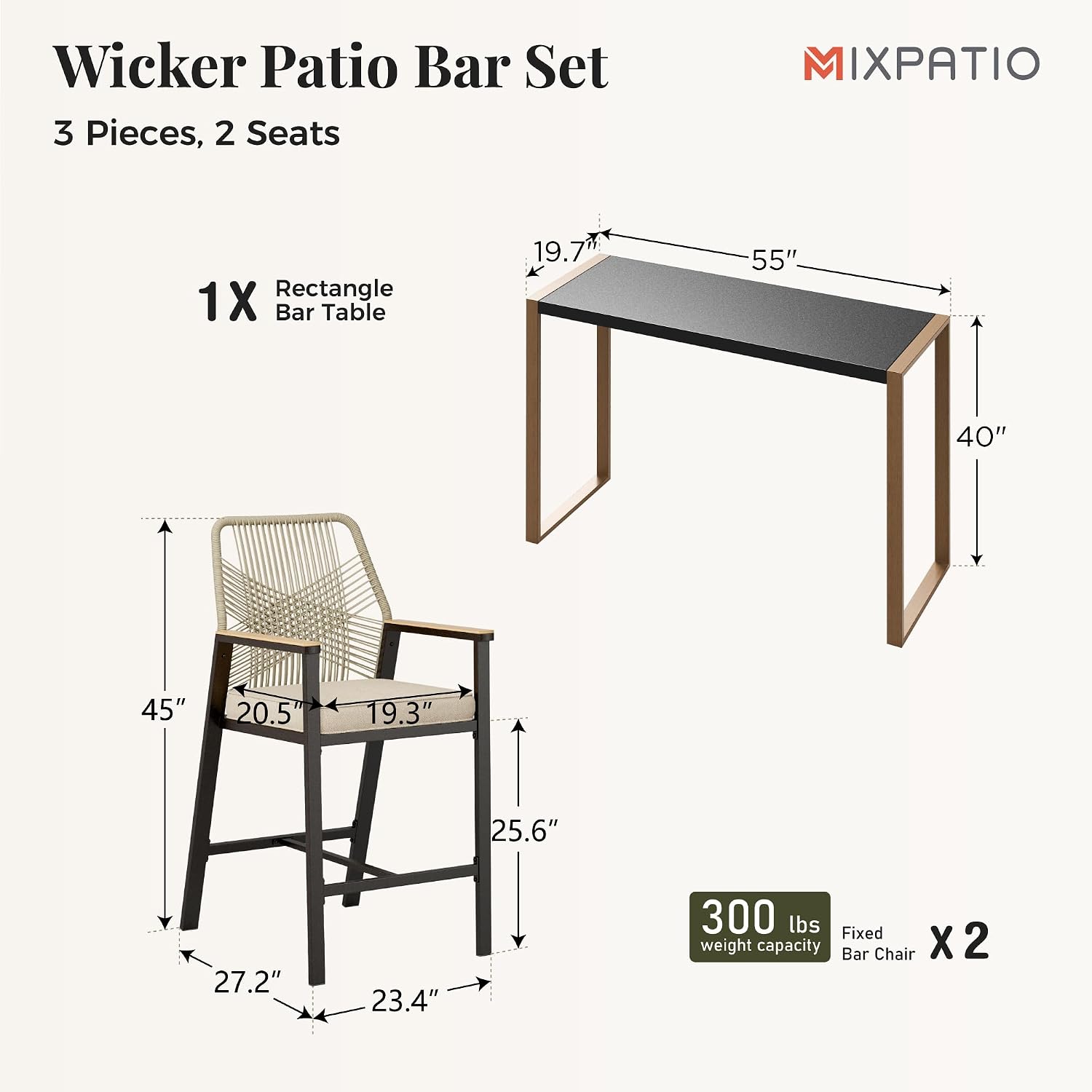 MIXPATIO 3 Piece Outdoor Bar Set,Wicker Bar Height Stools with 40" Bar Table,Patio High Bar Chairs&3.2" Cushion for Porch, Pool and Deck, Beige