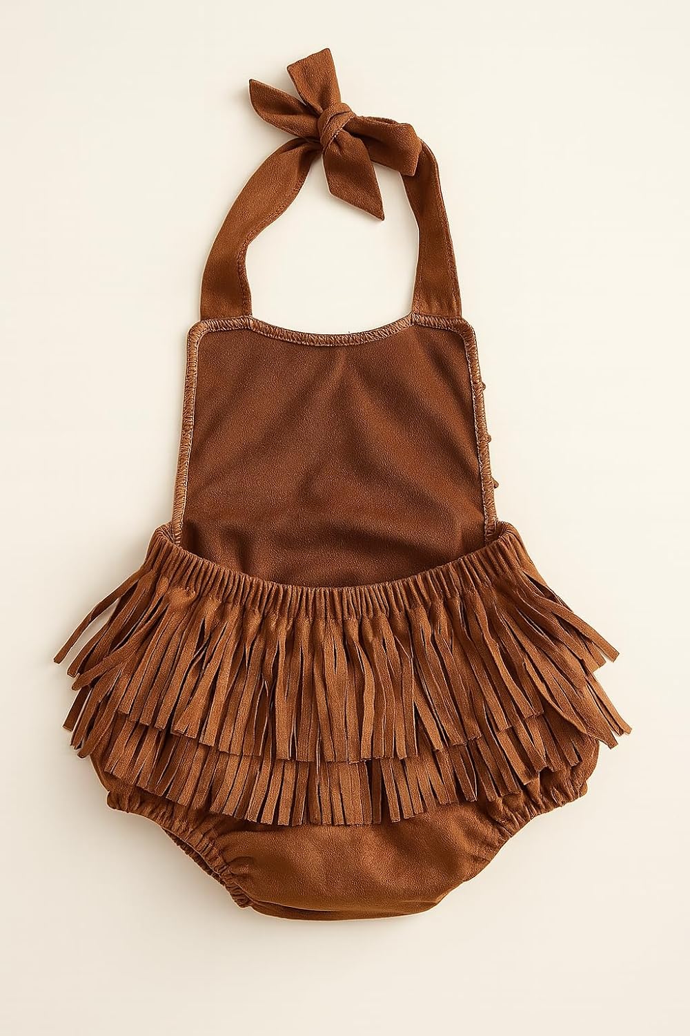 Infant Baby Girl Brown Fringe Faux Suede Romper - Western Style Halter Sunsuit, Adjustable Straps