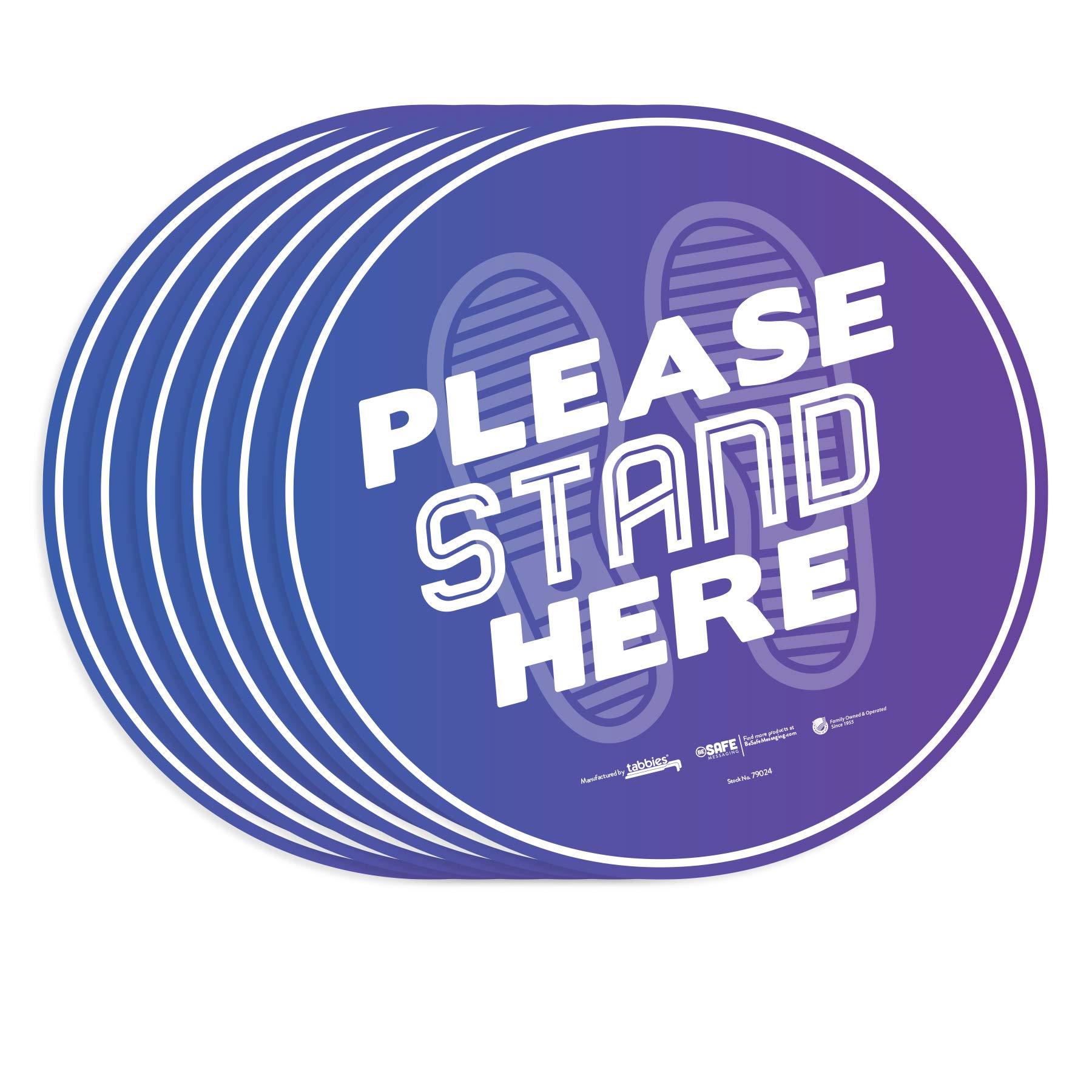 tabbiesBeSafe Messaging"Please Stand Here" Purple, 6 Pack - 12" Round, Repositionable Vinyl UL 410 Certified Anti-Slip Floor Sign, Commercial, Restaurant Footprint Decals (6 Pack) (79024)