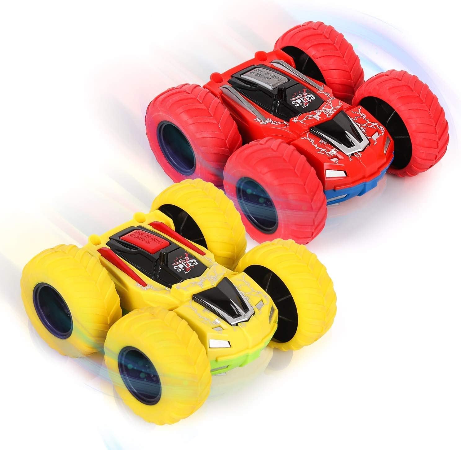 Shayson 2 Pack Friction Car Toys，360° Rotation Pull Back Toy Cars, Double Side Inertia Push and Go Cars for kids