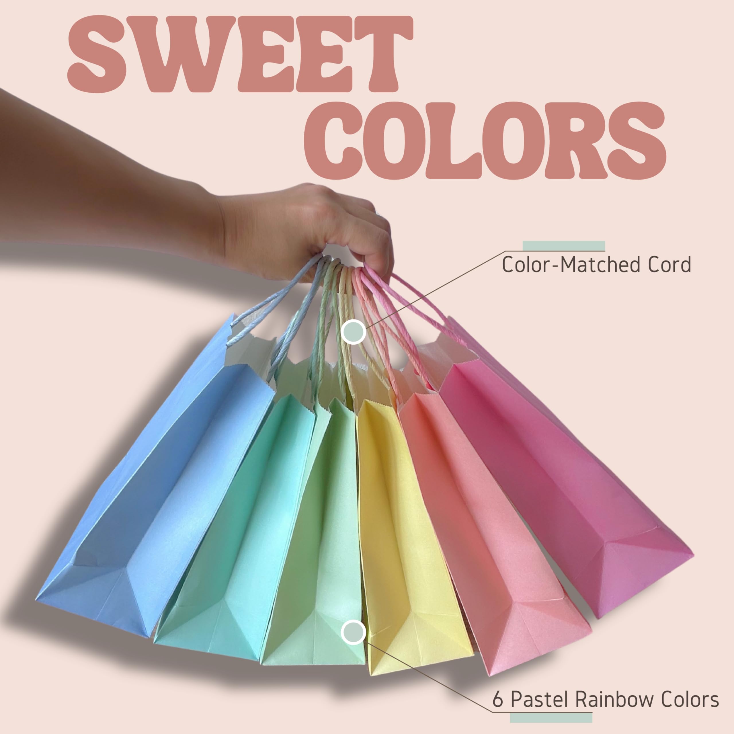 Bon et Beau Bolsas de regalo de papel arcoíris pastel, 30 paquetes, 6 colores surtidos, 5.9 x 8.25 x 3.15 pulgadas, pequeñas bolsas de papel kraft con asas, perfectas para cumpleaños, baby showers