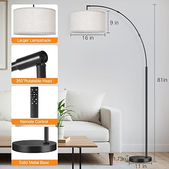 OUTON 81 Arc Floor Lamp, 12W 1080LM LED Dimmable Floor Lamp with 16 Beige Lampshade, Remote Control & Foot Switch, 4 Colour Temperatures, Tall Standing Lamp for Living Room Bedroom Office, Black