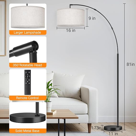 OUTON 81 Arc Floor Lamp, 12W 1080LM LED Dimmable Floor Lamp with 16 Beige Lampshade, Remote Control & Foot Switch, 4 Colour Temperatures, Tall Standing Lamp for Living Room Bedroom Office, Black