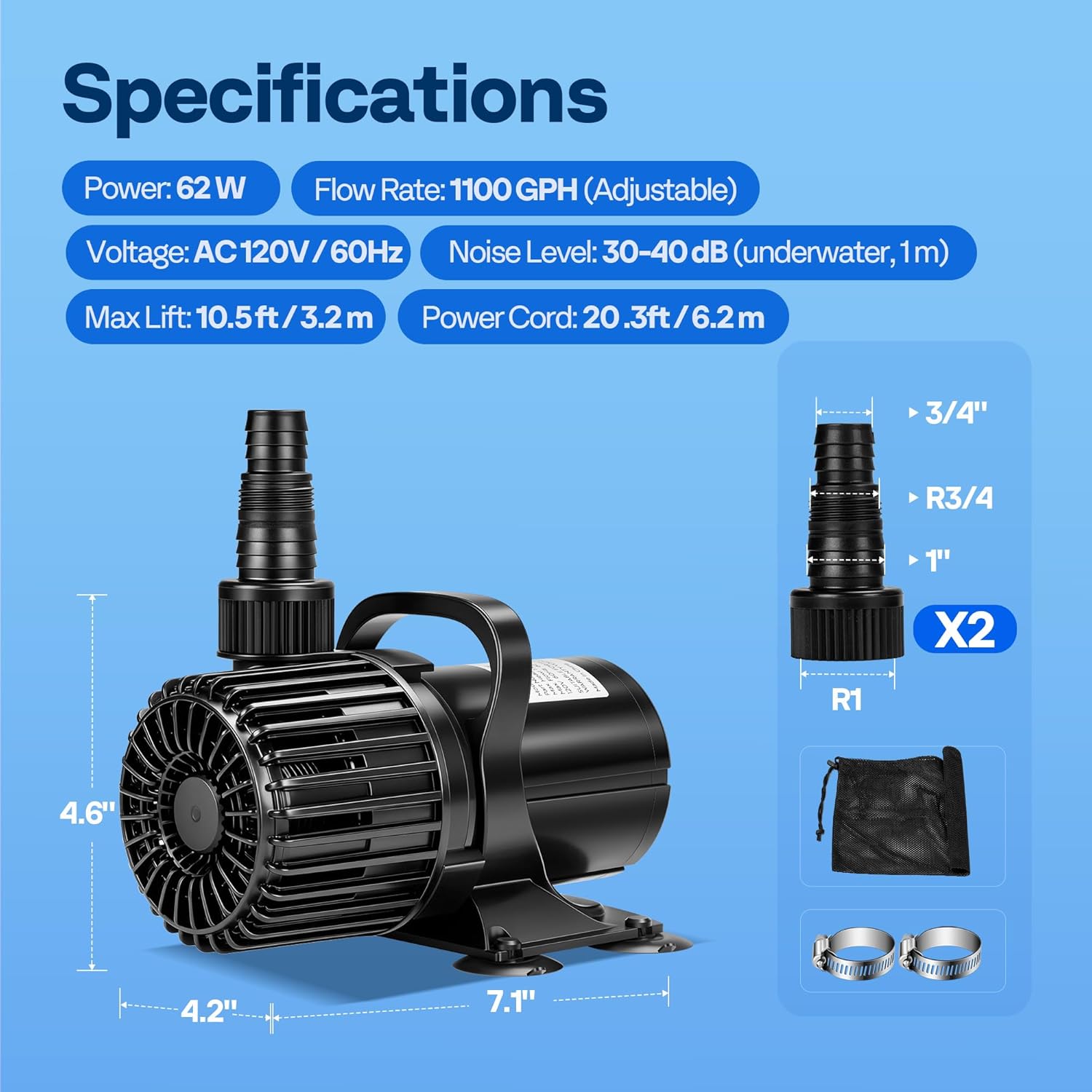 VIVOHOME Electric 62W 1100GPH Submersible Water Pump for Koi Pond Pool Waterfall Fountains Fish Tank and Aquarium