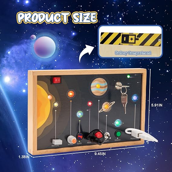 Adena Montessori Solar System Busy Board for Toddlers - Wooden Sensory Activity Toys with LED Light Switch, Travel Toys for 1-6 Year Old Boys & Girls Gifts, Educational Board for Fine Motor Skills