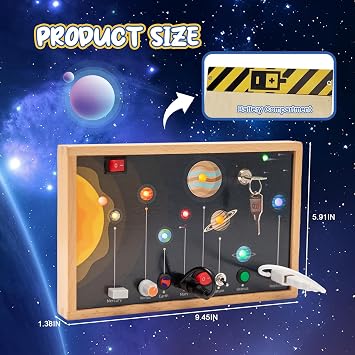 Adena Montessori Solar System Busy Board for Toddlers - Wooden Sensory Activity Toys with LED Light Switch, Travel Toys for 1-6 Year Old Boys & Girls Gifts, Educational Board for Fine Motor Skills