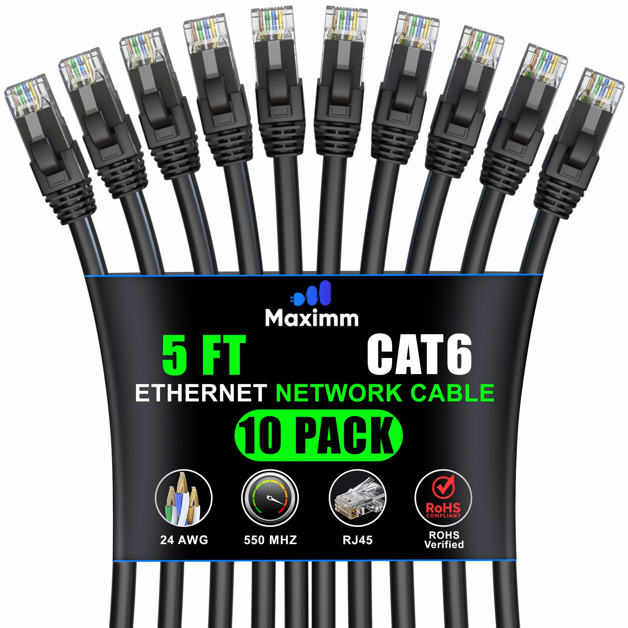 Maximm Lot de 10 câbles Ethernet Cat6 de 1,5 m, cordon UTP 10 Gbit/s 550 MHz noir