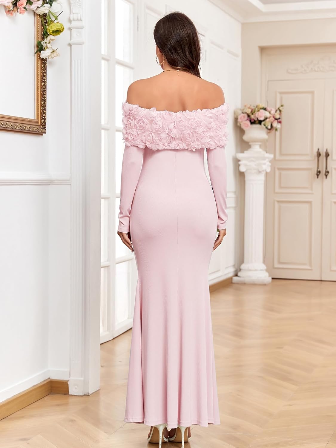 3D Floral Off The Shoulder Maternity Dress Sexy Ribbed Mermaid Maxi Bodycon Pregnancy Dresses Baby Shower - Image 2