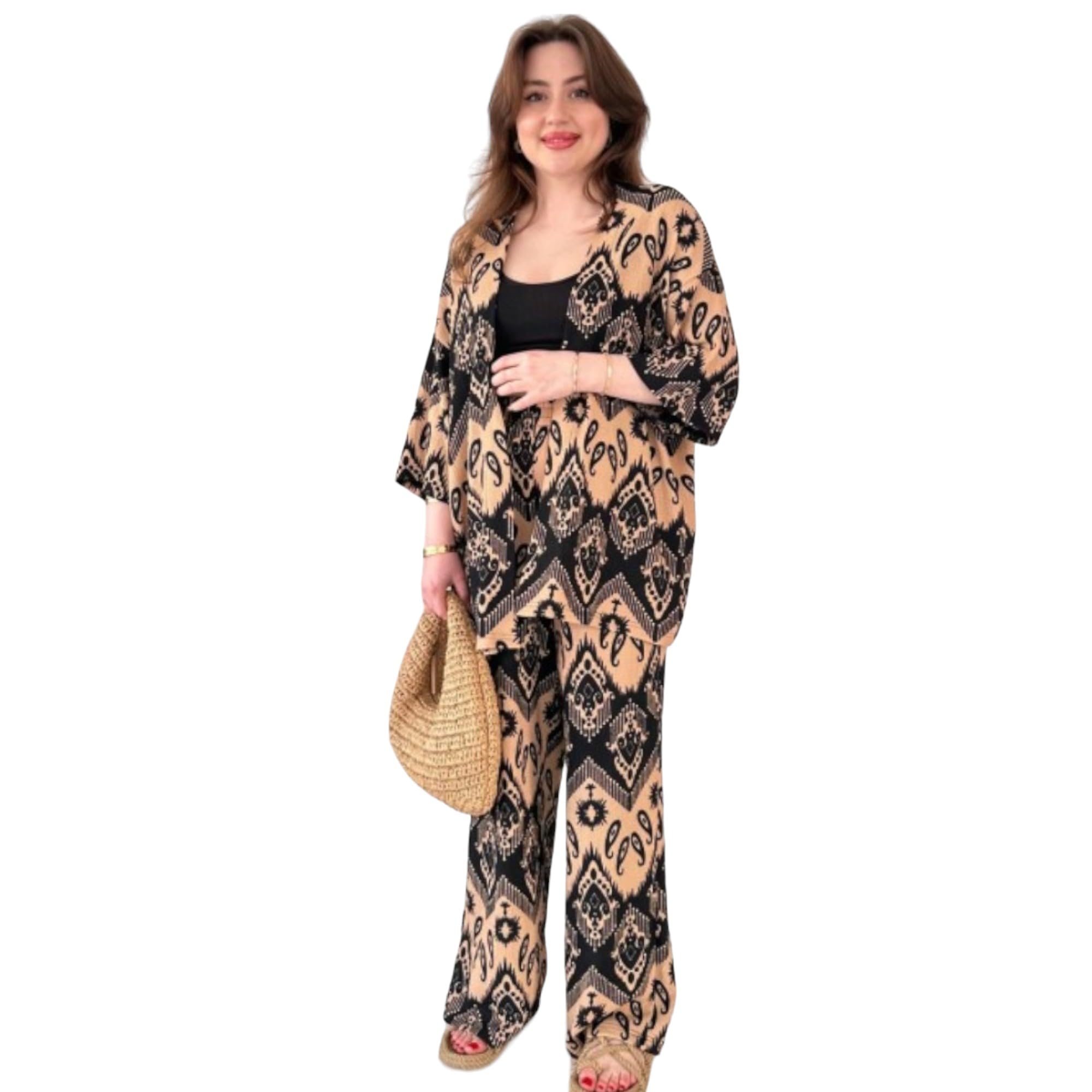 gufrina Women's Rayon Co-Ord Set with Button-Up Top & Wide Leg Pant 3/4th Sleeves Collar Neck Printed Pattern Regular Fit and Standard Length-picture-52