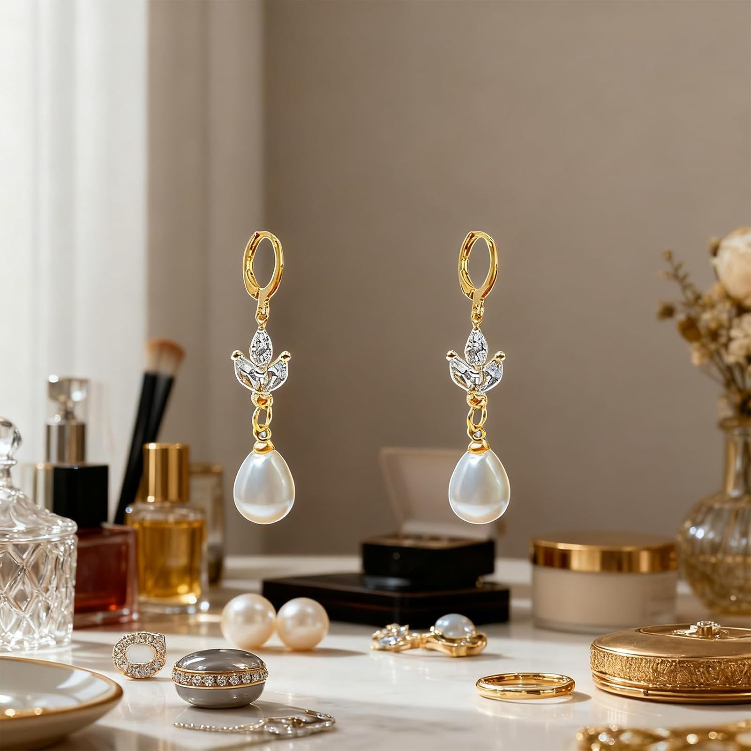 Teardrop Pearl Earrings for Women Simple Pearl Drop Earrings Gold Rhinestone Leaf Dangle Earrings Wedding Bridal Jewelry Gifts - Image 5