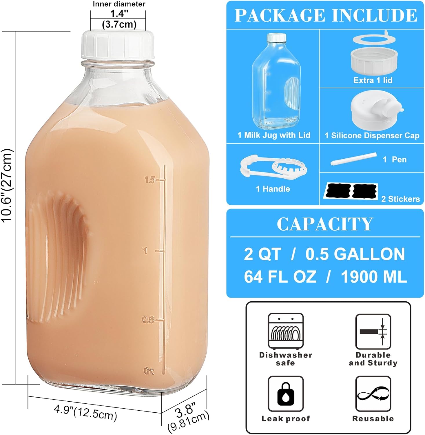 Syntic 2 Qt Glass Milk Bottle with Reusable Strong Airtight SCREW LID, 64 Oz Glass Juice Bottles for Almond Milk, Oat/Nut Milk- 0.5 Gal Water Bottle with 2 Exact Scale Lines, Extra Handle AND Cap! - Image 3
