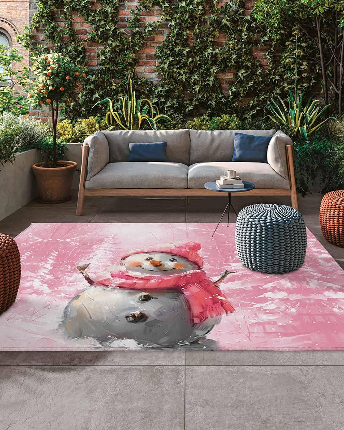 Outdoor Rug, Christmas Tree Snowman Pink Scarf Hat Snow Winter New Year Absorbant Non-Slip Area Rugs Mat Carpet for Patio Balcony Porch Backyard Deck Rv Camping 5x8 ft