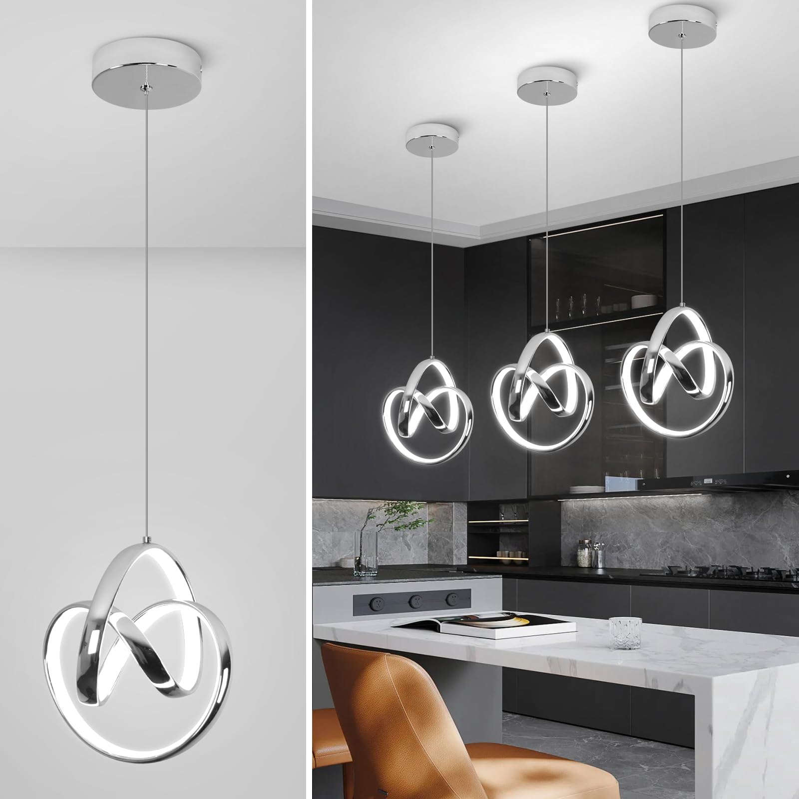 6000K Modern Pendant Light Fixtures, LED Pendant Lights Kitchen Island Lighting Adjustable Height Chrome Hanging Lights for Dining Room Kitchen Bedroom, 1Pack
