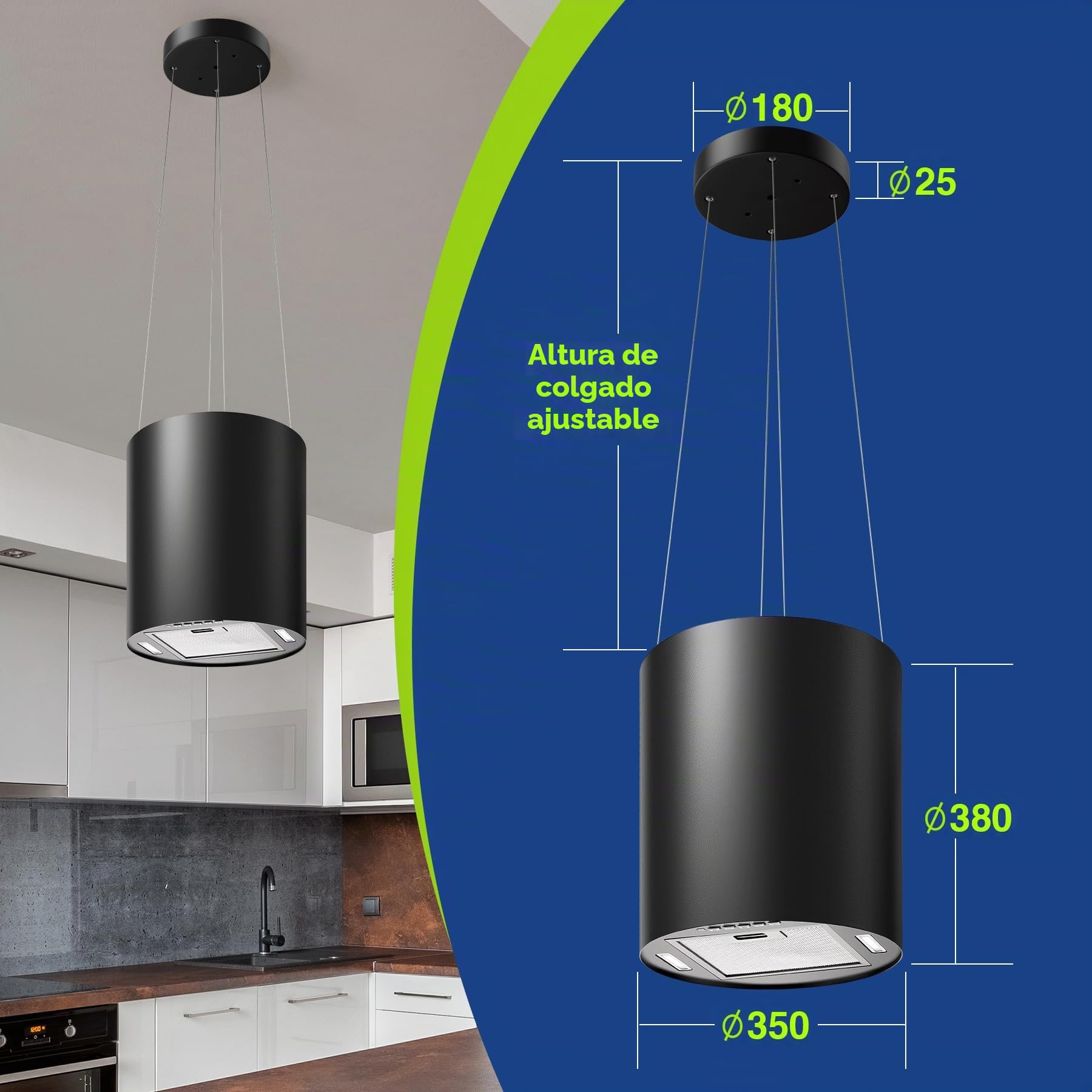 SNDOAS Hotte Aspirante, Hotte Suspendue 35cm avec 2 Filtres à Charbon, Débit d'Air Puissant 700 m³/h, 3 Vitesses, Arrêt Retardé (5 minutes), Éclairage LED, Noire