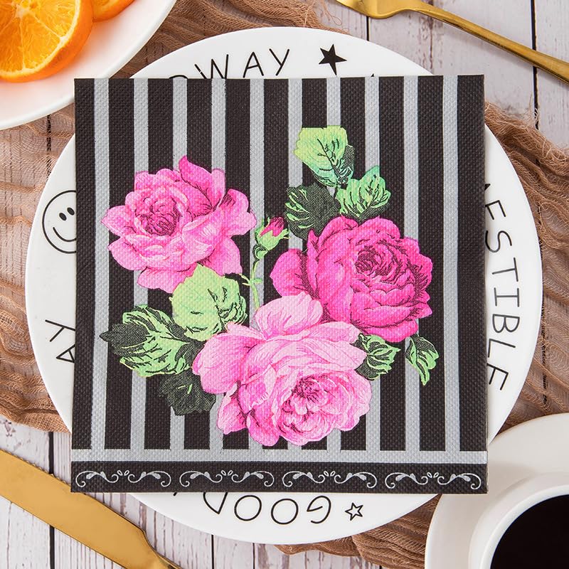 Serviette Papier Pivoine Rayée Noire Serviette de Table Anniversaire Jetables Cocktail Mariage Décoration de Table pour les Partys Célébrations Papier Toilette 30 Paquet(33x33cm)