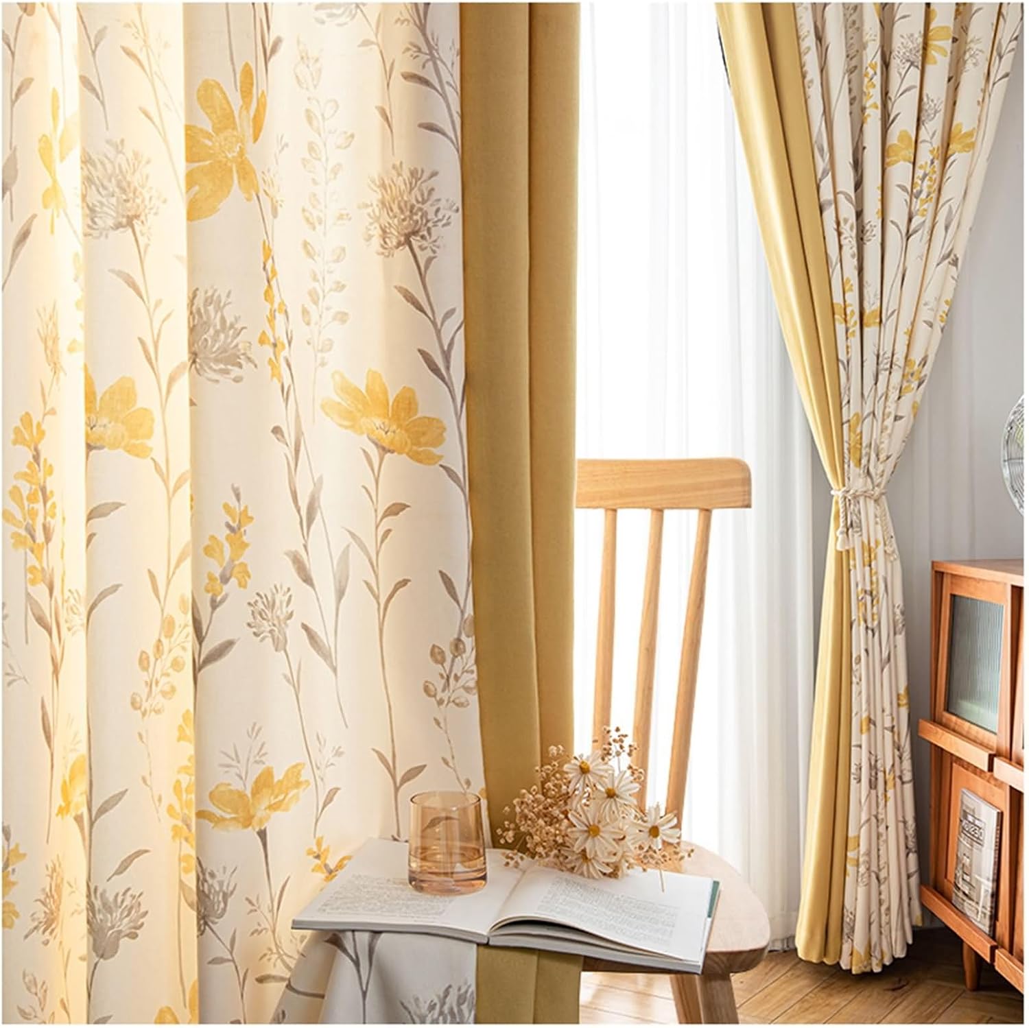 Blackout Curtains 2 Panels Set 2 x 54 W x 84" H,Drapes Blackout Yellow Leaf and Flower Pattern Window Drapes Grommet
