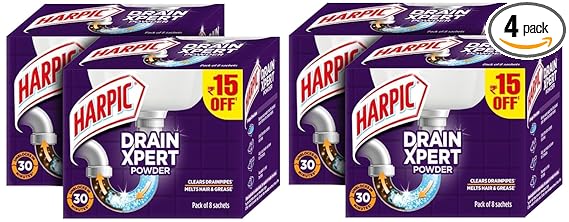 Harpic Drain Xpert Drain Cleaning Powder (50g x 8) | Removes Blockages in Pipes, Sinks & Septic Tanks| Works within 30 minutes | Melts Grease & Dissolves Hair (Pack of 4)