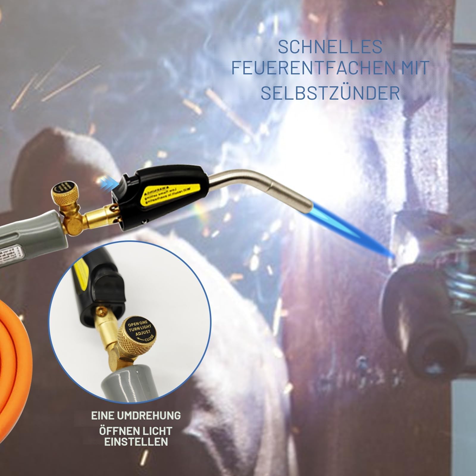 MAPP Gasbrenner Propangasbrenner mit 1,5m Schlauch und verstellbarem Flammenventil Messingspitze CGA600-Schnittstelle zum Löten, Anzünden, Grillen