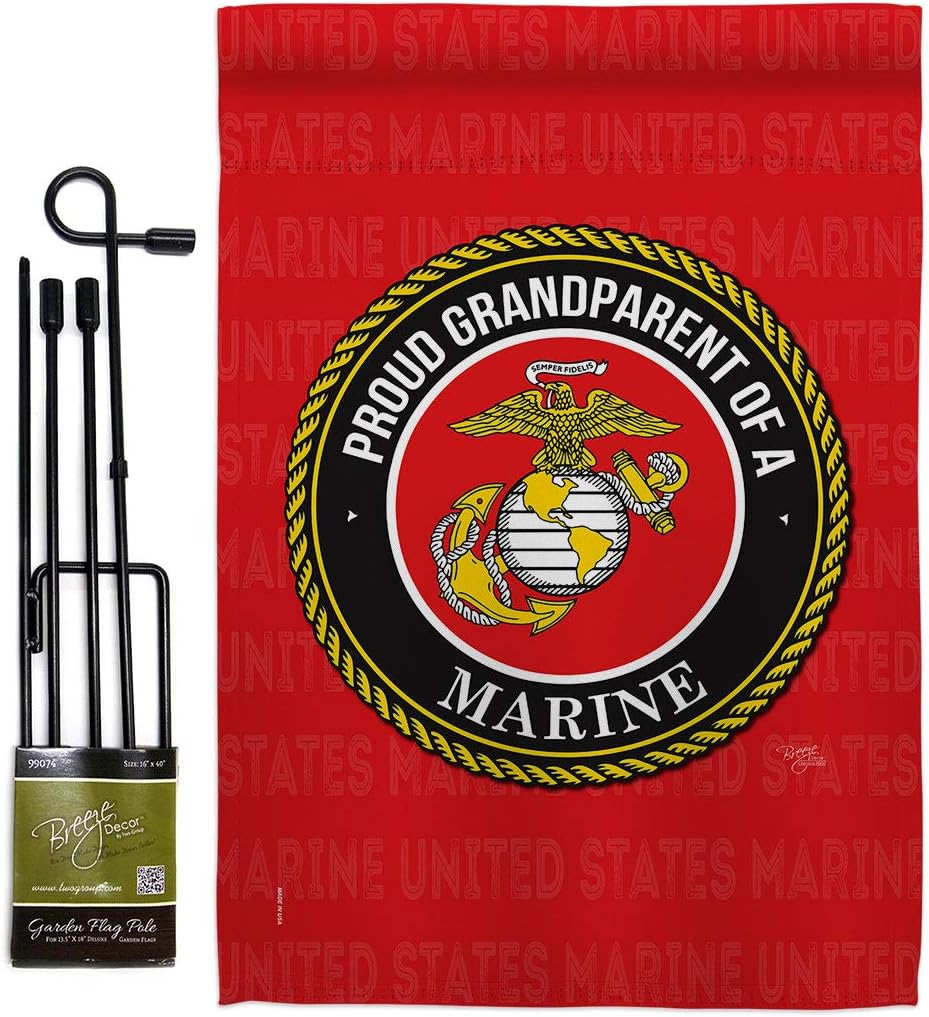 Proud Grandparent Marines Garden Flag - Set with Stand Armed Forces Marine Corps USMC Semper Fi United State American Military Veteran Retire Official - House Yard Gift Double-Sided 13 X 18.5