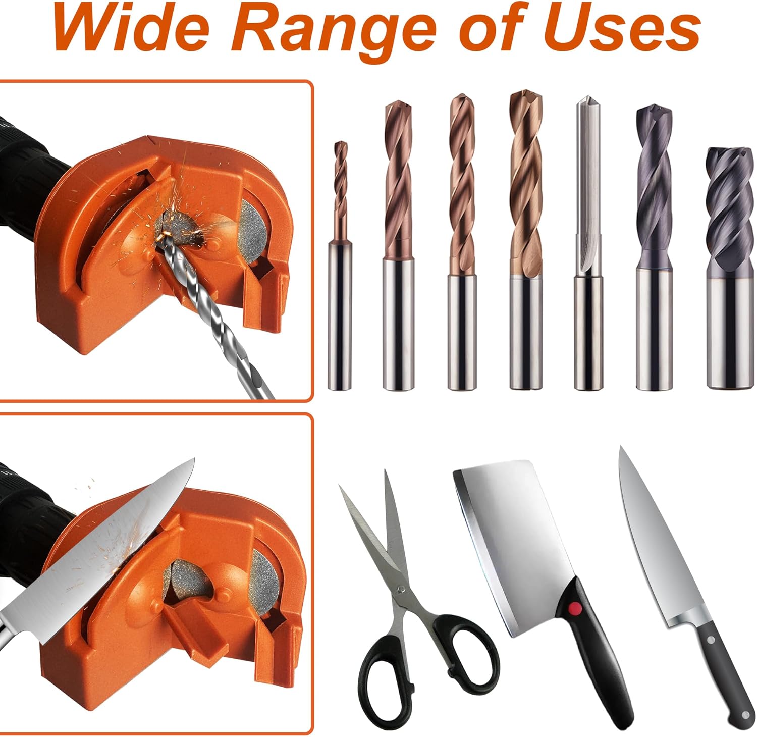 Drill Bit Sharpener,Portable Drill Bit Sharpener,Multipurpose Drill Bit Grinding Sharpener with 4 Grinding Wheels for All Bits(5/64''- 5/8''),Afilador De Brocas,Knife Sharpener Tool (Orange)