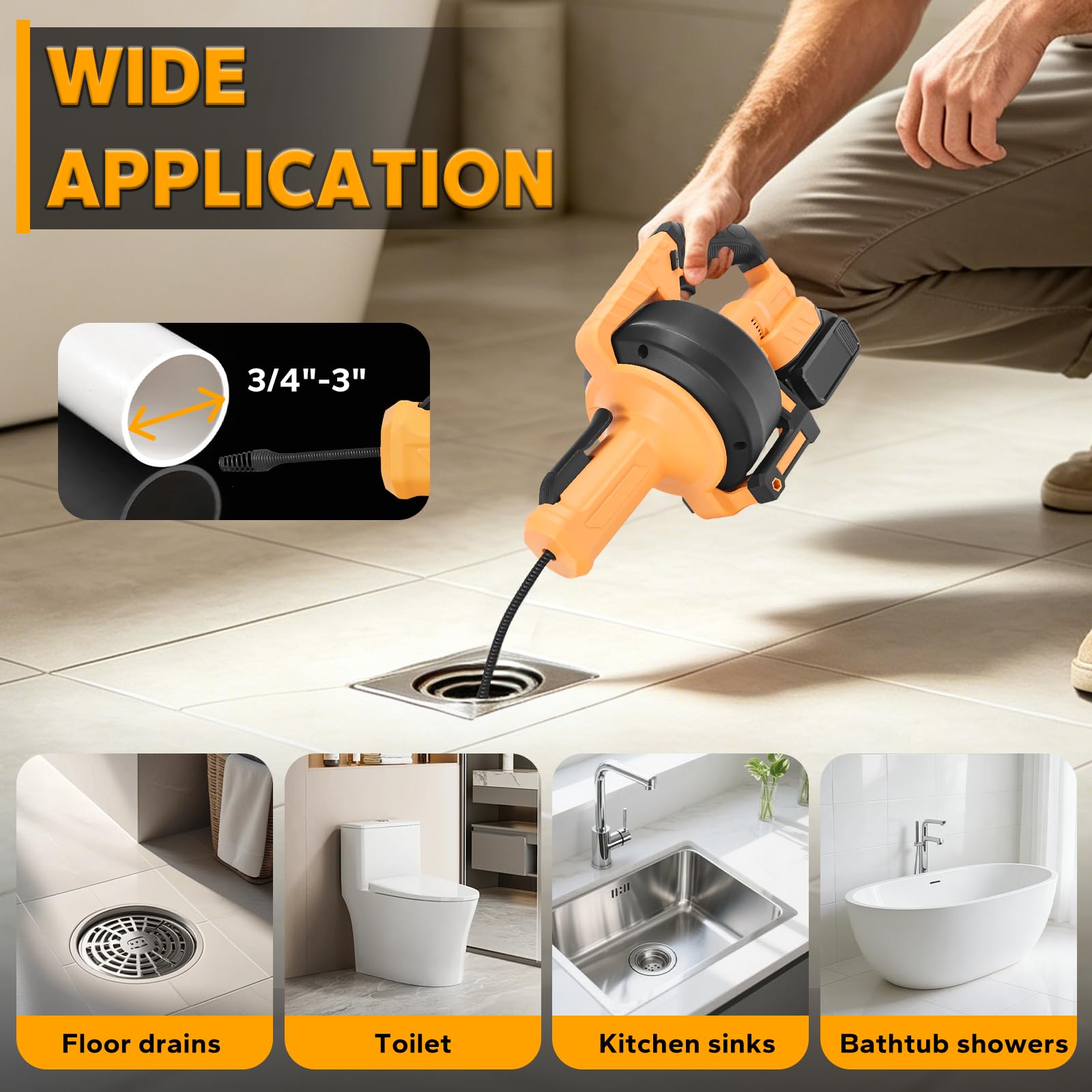 Taladro de drenaje inalámbrico para batería Dewalt de 20 V, serpiente de drenaje de fontanería de alimentación automática de 610 RPM con cable reemplazable de 23 pies para fregadero, inodoro, bañera