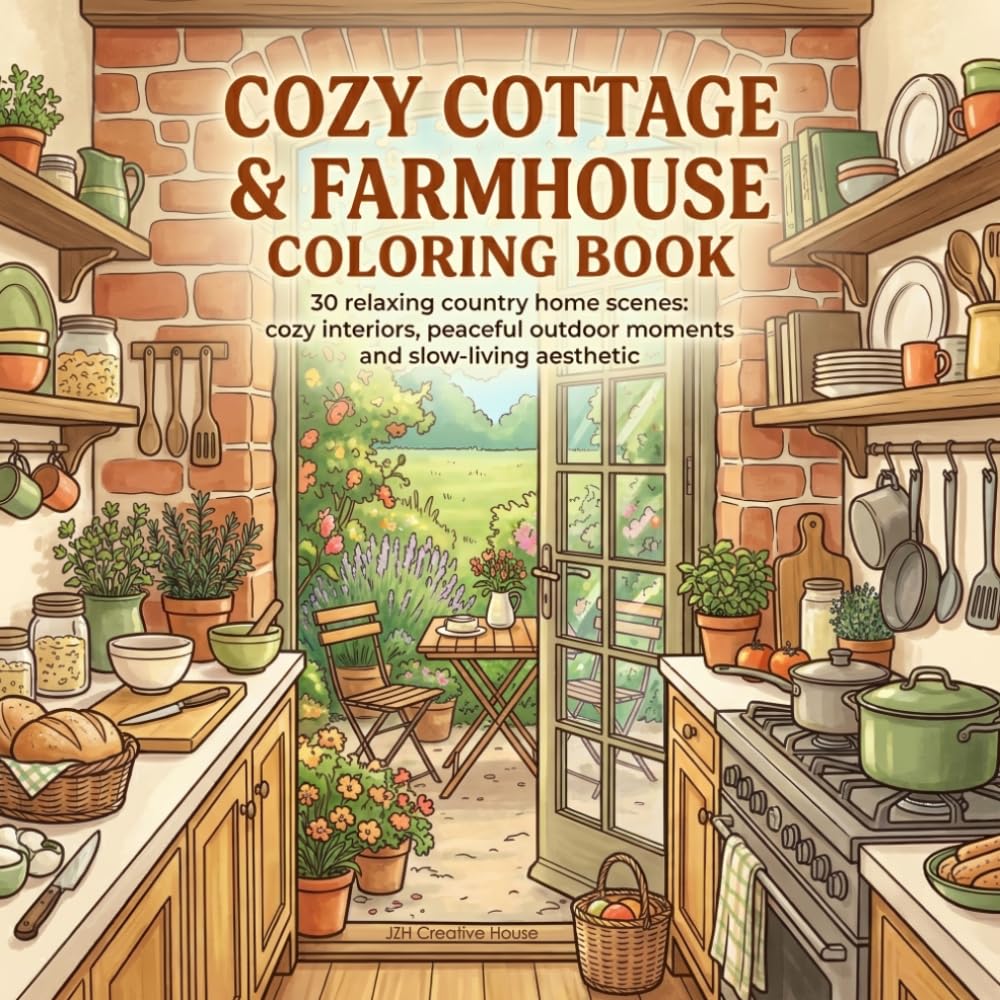 Cozy cottage & farmhouse coloring book: 30 relaxing country home scenes: cozy interiors, peaceful outdoor moments and slow-living aesthetic for adults