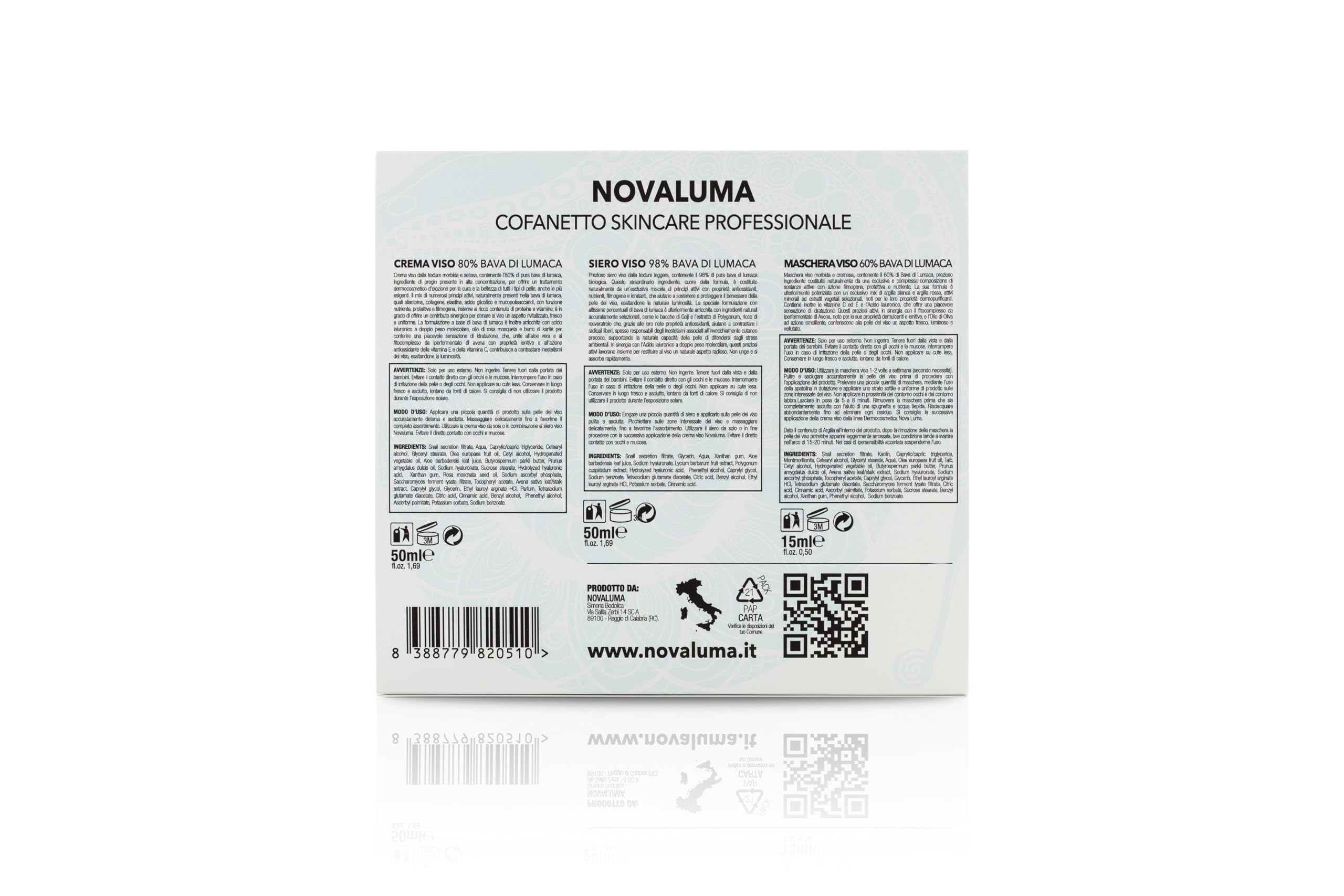 Nova Luma - 3 in 1, Siero e Crema con Bava Di Lumaca 98% e 80% Acido Ialuronico Antirughe e Aloe Vera con Maschera Viso 60% Contorno Occhi,Burro di Karitè,Olio d'Oliva