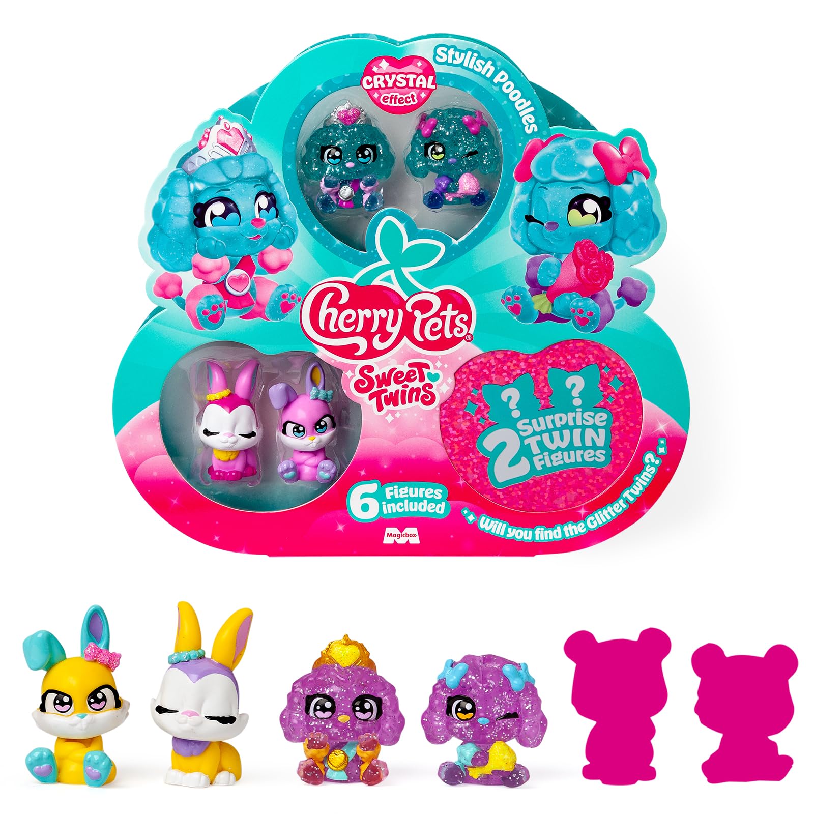 Cherry Pets Sweet Twins Series – Multipack Stylish Poodles. Incluye 6 Figuras coleccionables (2 con Efecto Cristal y Glitter + 2 Sorpresa). Pack 4 de 4