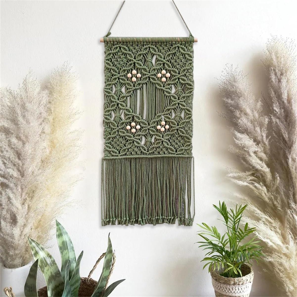 Wandbehang Tapisserie mit Blumenmuster Handgewebte Baumwolle Dekor mit Holzperlen & Quasten Boho Stil für Wohnzimmer Schlafzimmer