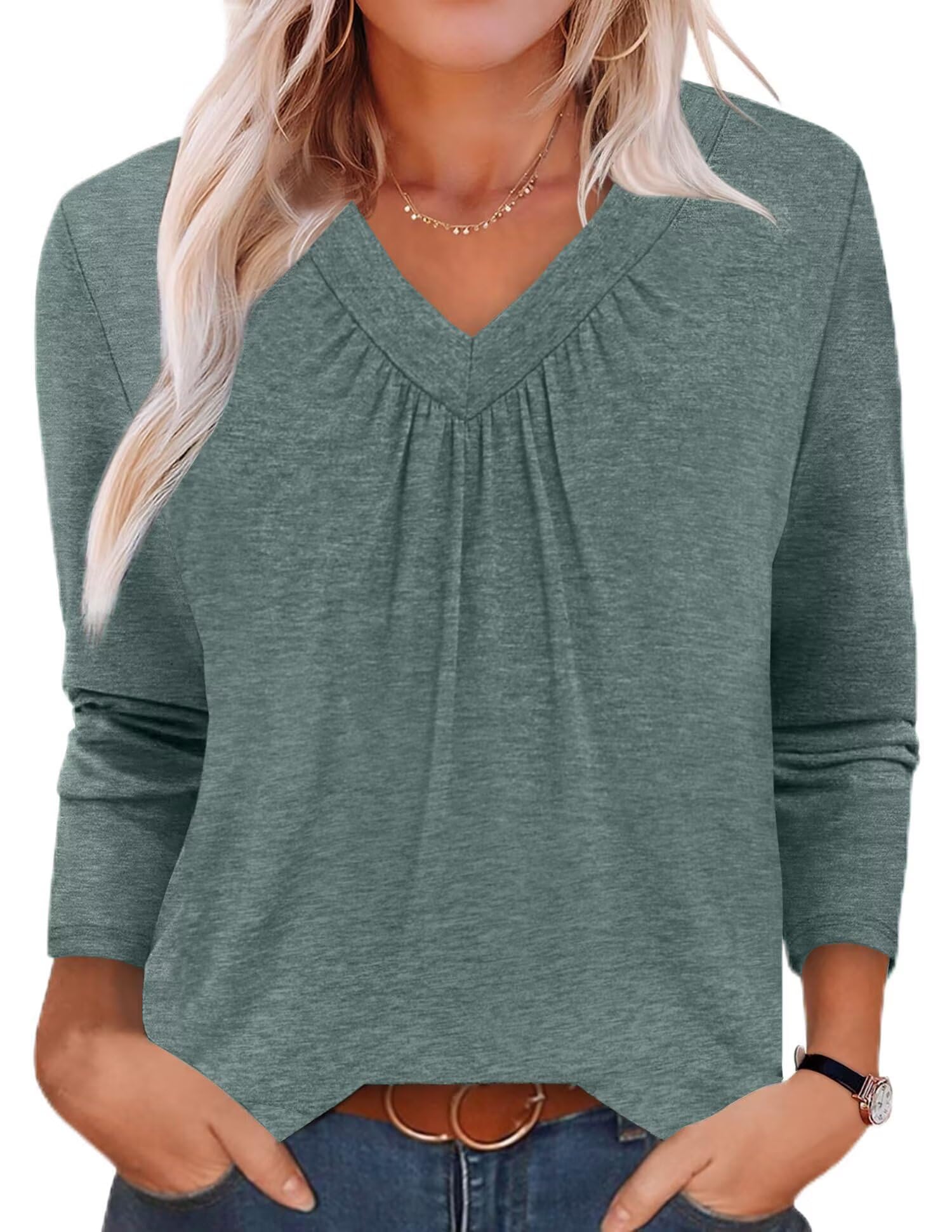Women's Long Sleeve Shirts Pleated V Neck Fall Tops Blouse Dressy Casual Loose T-Shirts