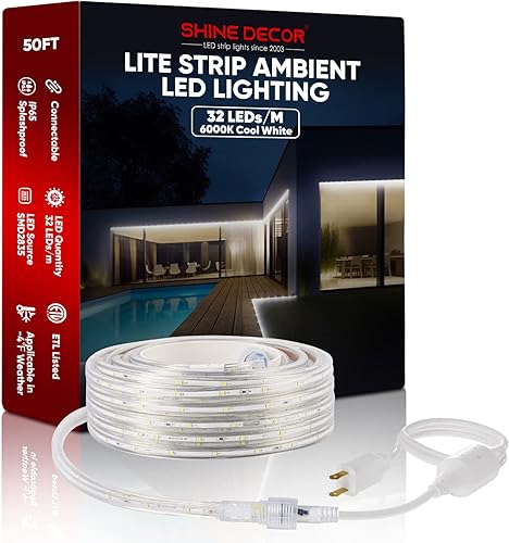 Shine Decor Tira de luces LED Lite de 6000 K, color blanco frĂo, 4F, resistente al frĂo, IP65, impermeable, para exteriores, 110-120 V, tiras de Shine Decor Tira de luces LED Lite de 6000 K, color blanco frĂo, 4F, resistente al frĂo, IP65, impermeable, para exteriores, 110-120 V, tiras de