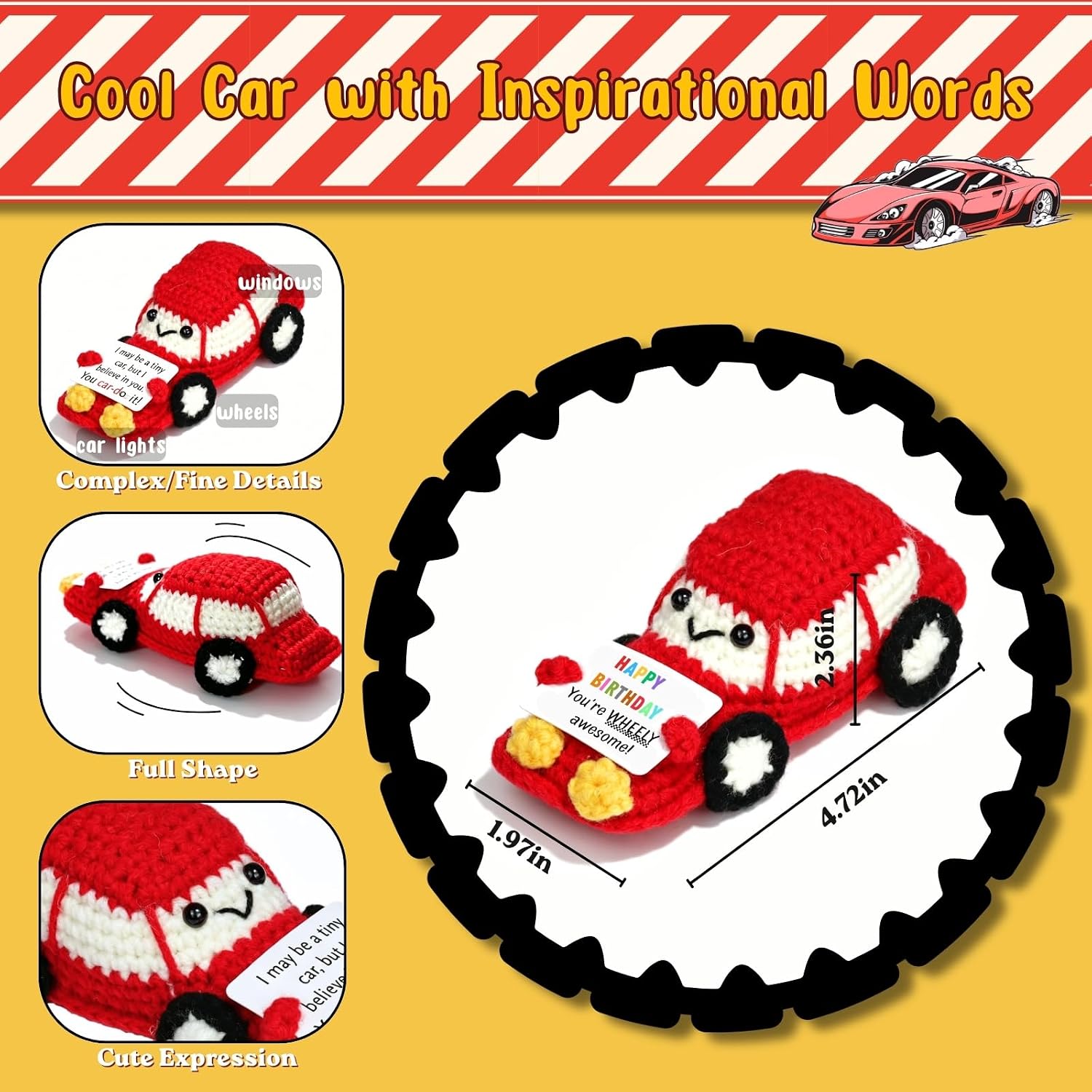 Happy Birthday Crochet Car Gifts - 'You're WHEELY Awesome' Funny Racing Car with Inspirational Card, Little Reminders Party Decors Birthday Presents for Son Boyfriend Brother Husband Dad Coworkers