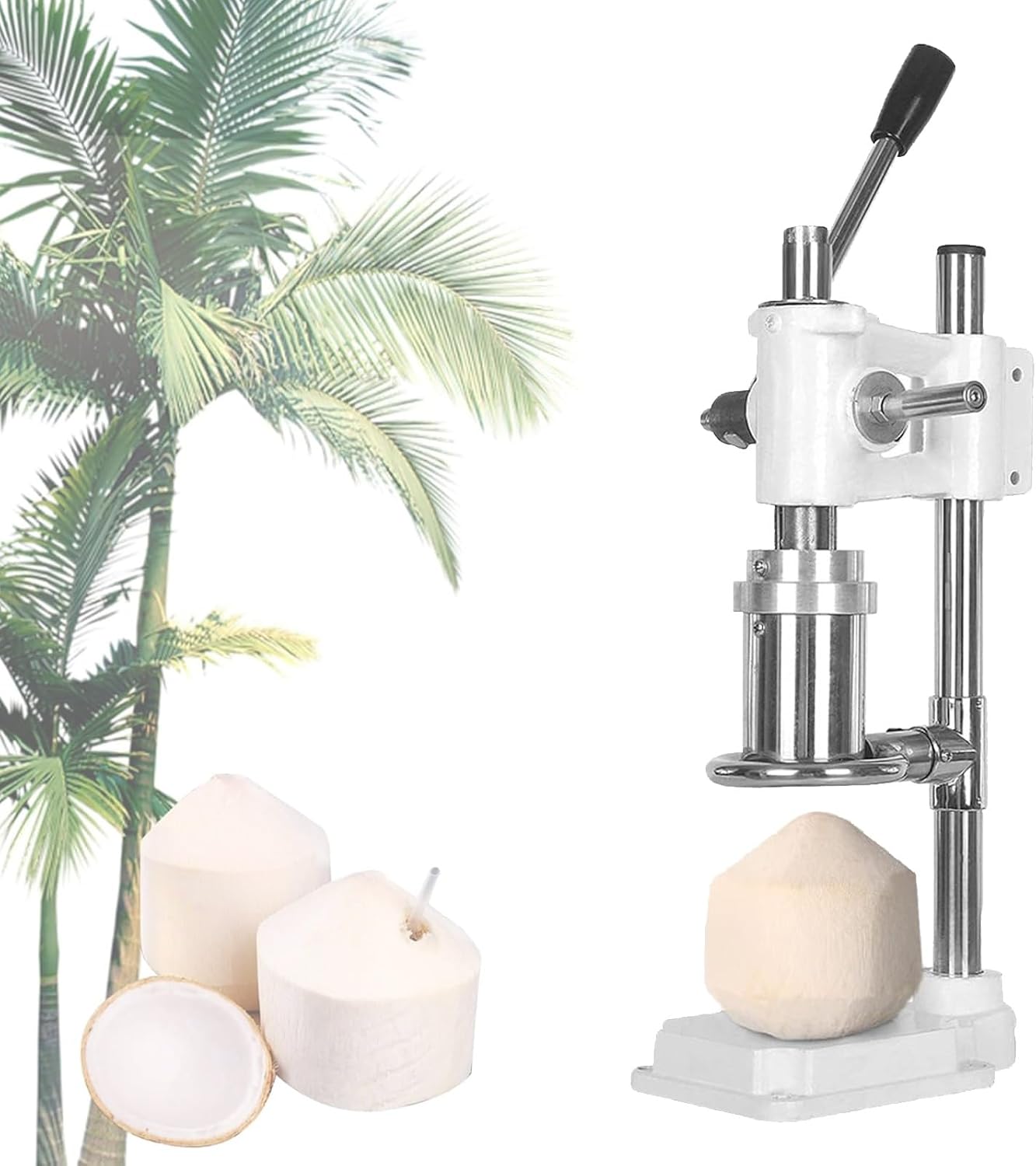 Coconut Opener Machine, Coconut Opener Tool,Manual Coconuts Cutter Machine,Coconuts Open Peeler Tools,Stainless Steel + Casting Base for Commercial Home Use(White)