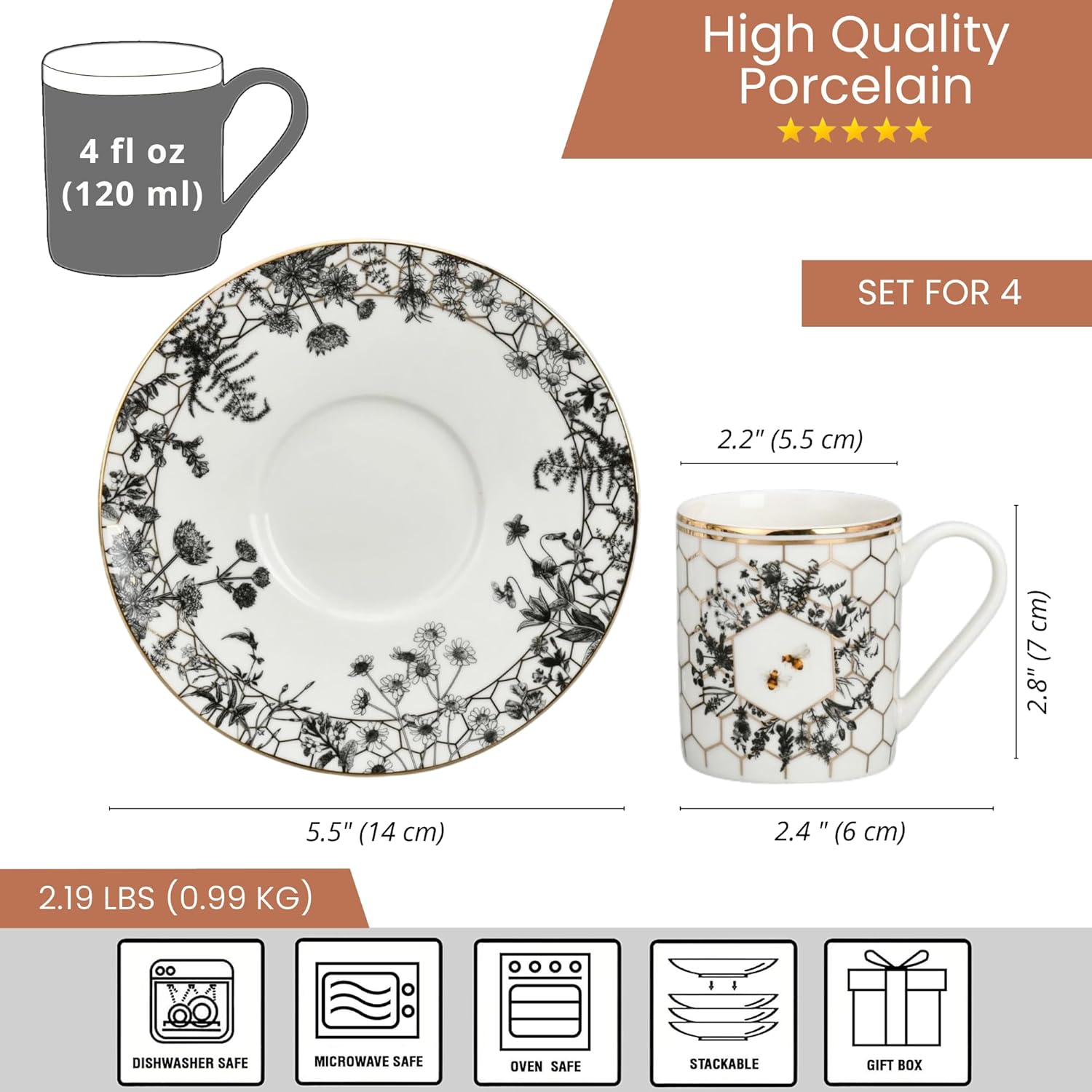 STP GOODS Gold Honeycomb Bone China Espresso Cup with Saucer Set for 4 pers.