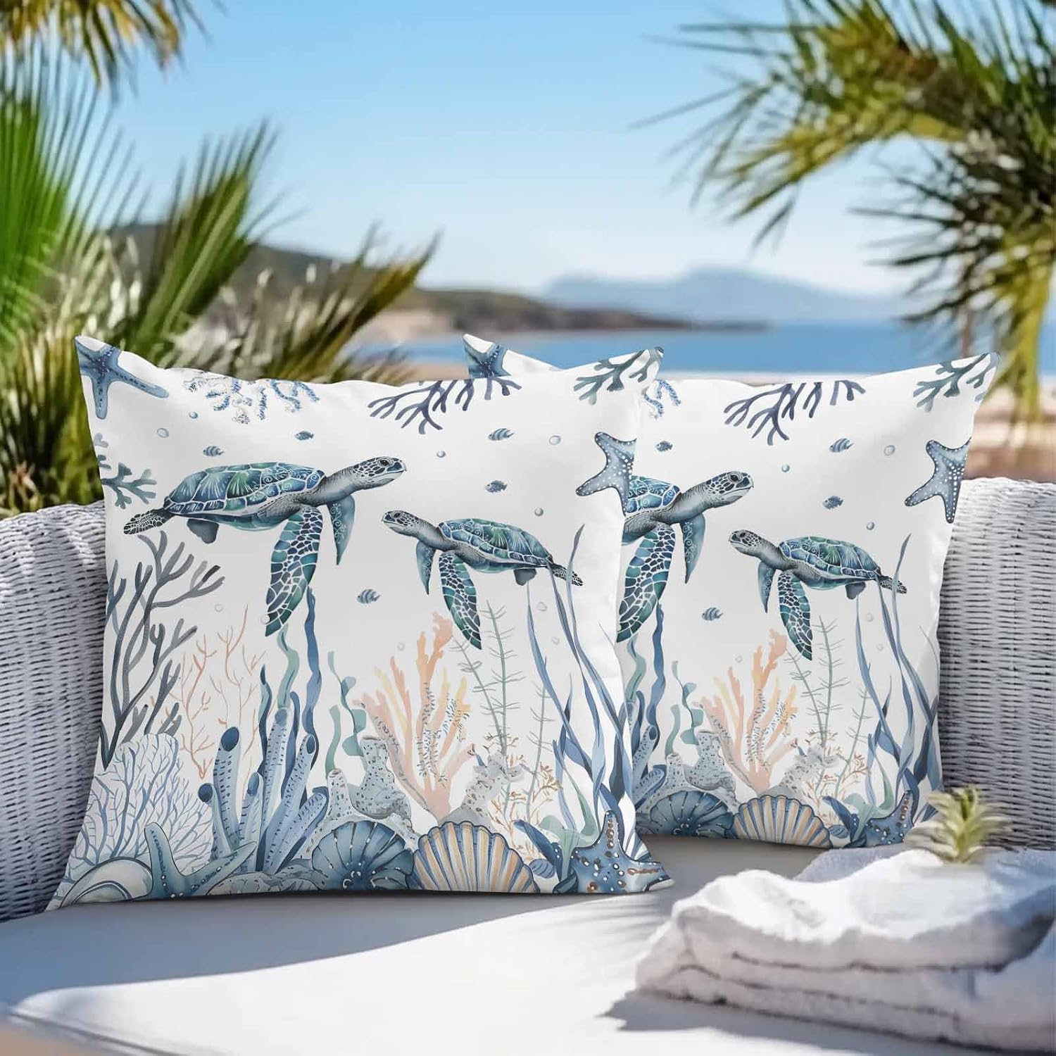 Outdoor Pillow Covers 26 x 26 in, Blue Sea Turtle Waterproof Throw Pillow Cover Set of 2, Ocean Beach Coral Nautical Coastal Shell Home Decorative Square Cushion Covers for Patio/Couch/Garden