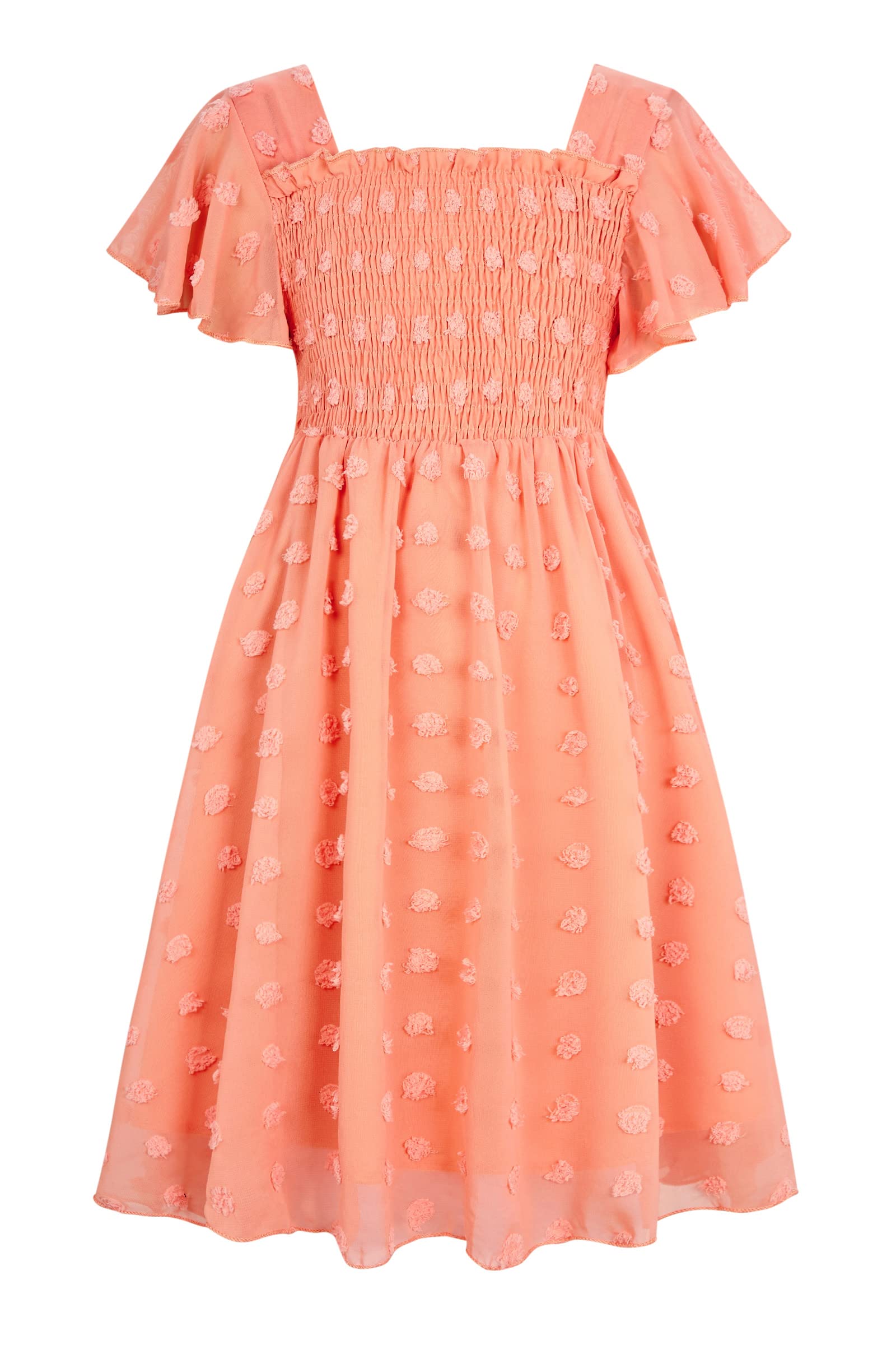 6-12T Girls Chiffon Dress with Solid Pom Poms & Flutter Ruffle Short Sleeve Kids Lace Square Neck Frocks