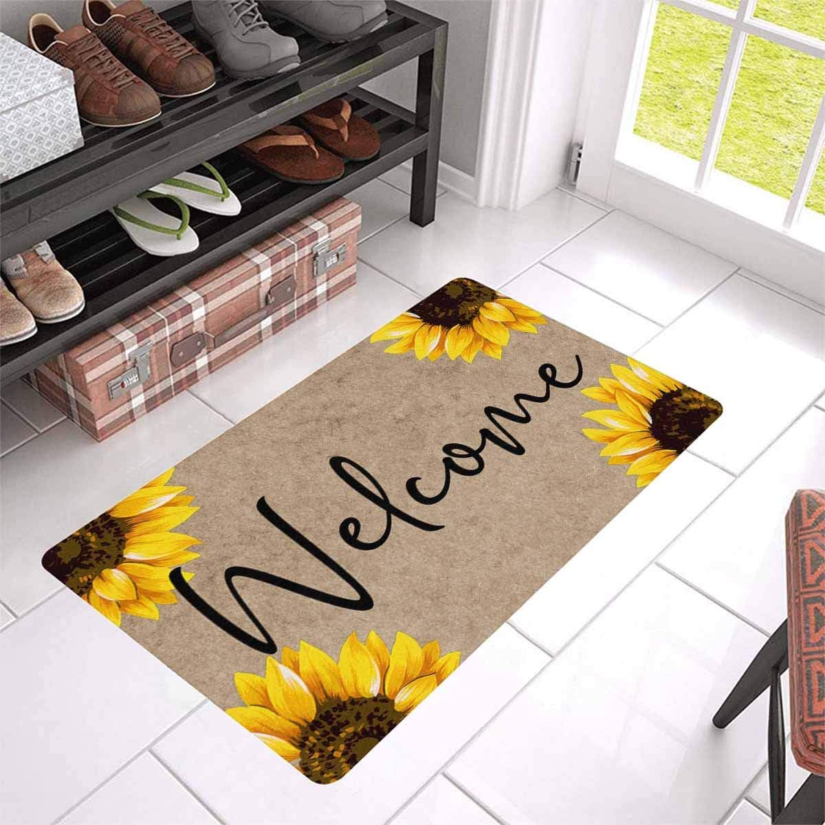 Custom Your Own Text Funny Personalized Sunflower Doormat 30" X 18" Indoor Outdoor Khaki Home Entrance Door Mat Rug Decor Welcome