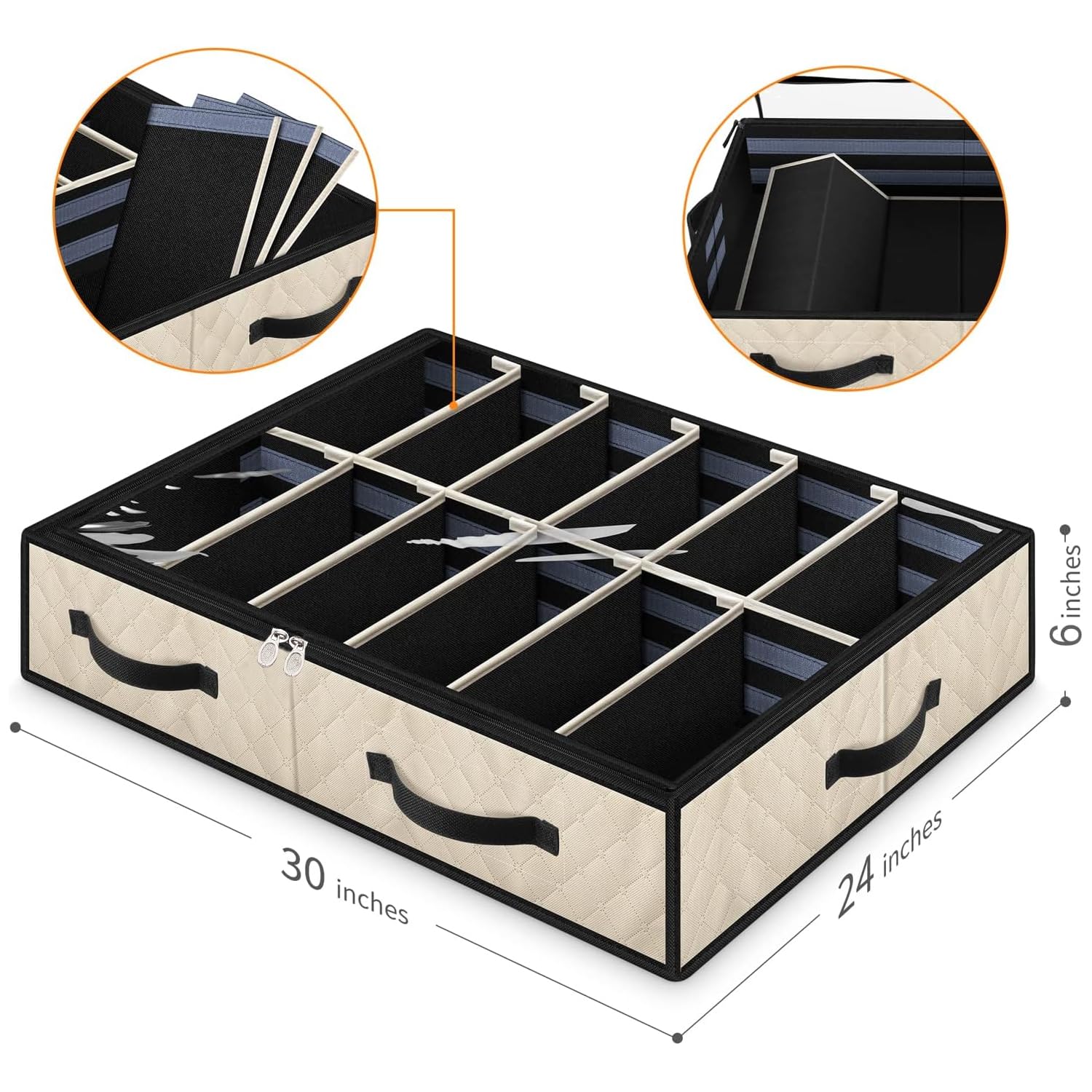 Unterbett-Schuh-Organizer, 2er-Set, stabile Struktur, verstellbare Trennwände, verstärkter Griff, stabiler Reißverschluss, passend für insgesamt 24 Paar, atmungsaktiv, beige