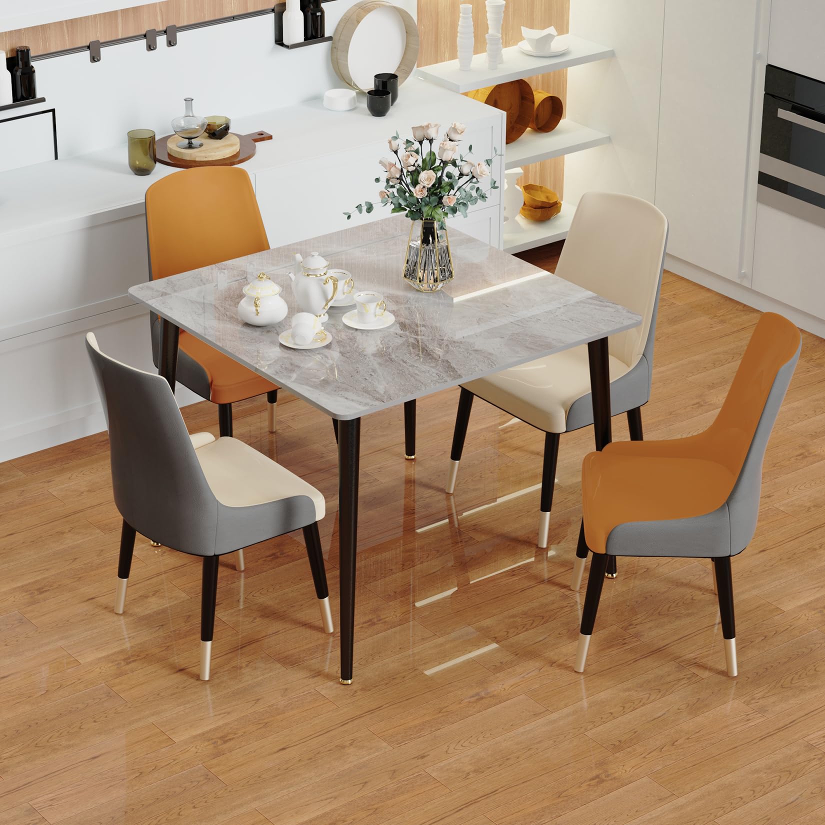 FATIVO Tavolo da Pranzo Marmo Quadrato 80x80cm: Cucina 4 Posti, Soggiorno Moderno Antigraffio, Scandinavo Grigio Lucido Raffinato da Ristorante, Metallo Telaio